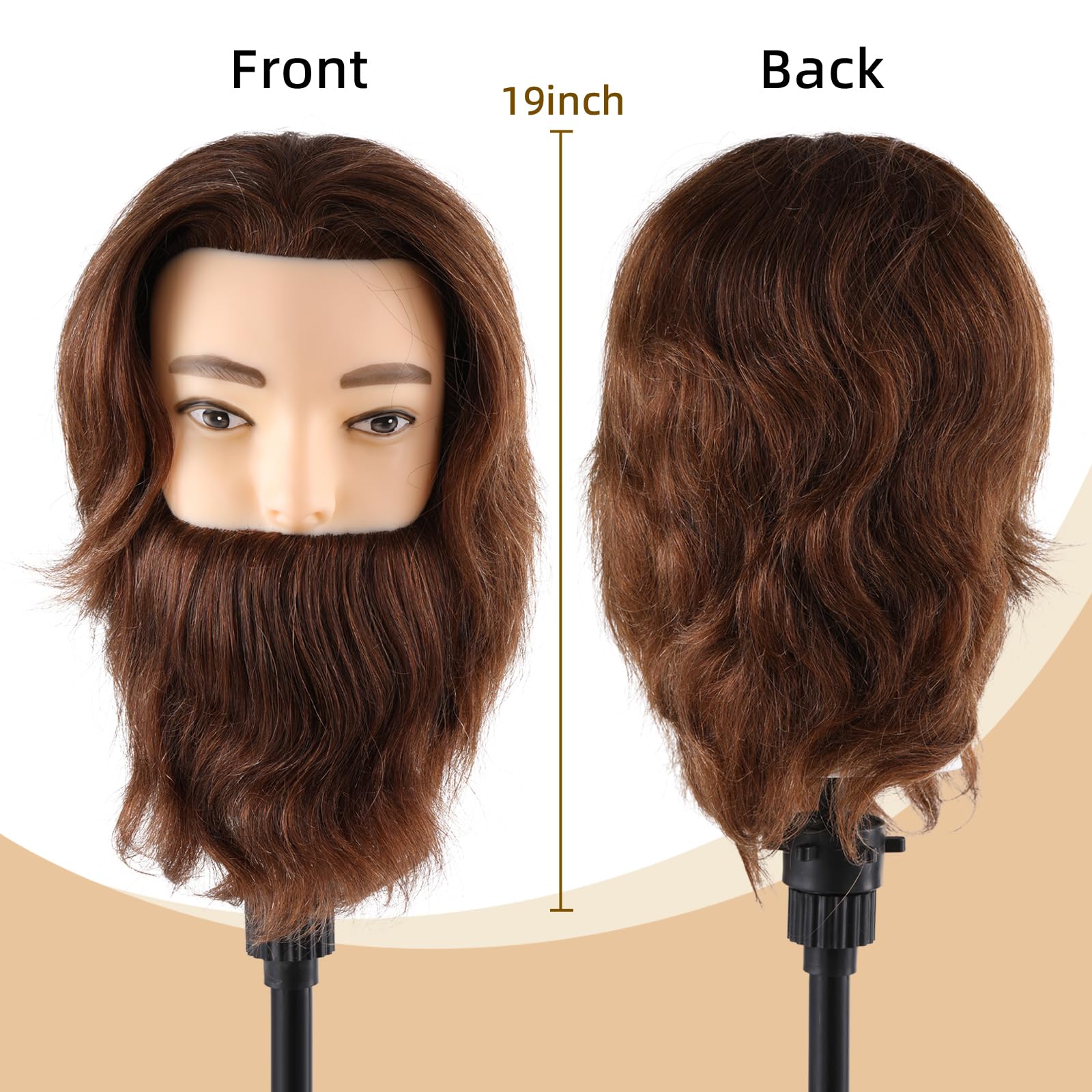 Mann Frisierkopf 100% Echthaar mit Bart Männlich Übungskopf Echthaar Friseur Kopf Puppenkopf Mannequin Kopf Mit Tischklemme + Kammsatz(19 Zoll)