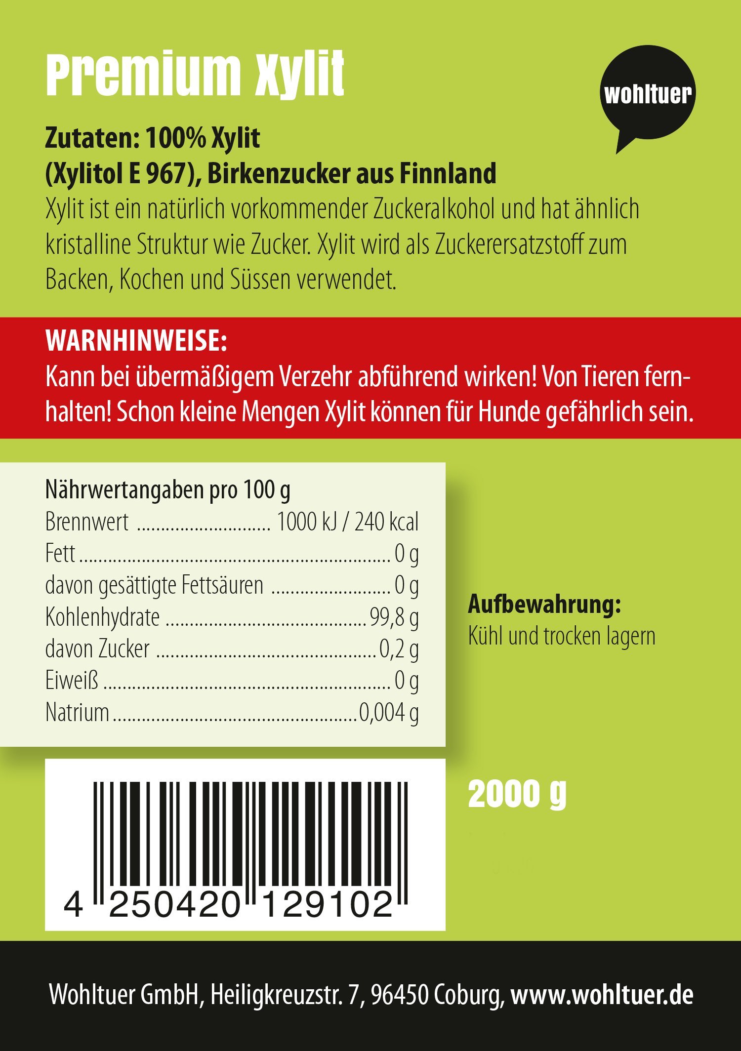 Wohltuer Xylit - Der Echte Birkenzucker aus Finnland 2000g | Das Original - garantiert ohne Maiszusatz | Natürlicher Zucker-Ersatz für gesunde Ernährung