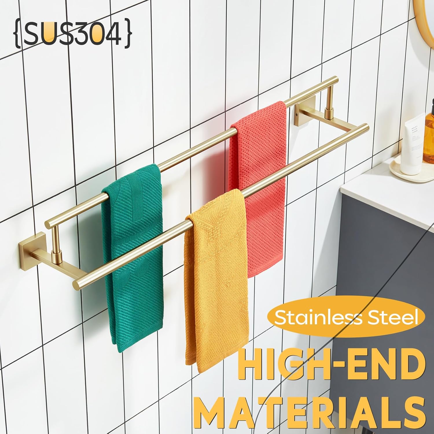 KOKOSIRI Bath Towel Bars 32-Inch Double Towel Rails Overlength Bathroom Racks for Cabinet Kitchen Brushed Gold Stainless Steel B5009BG-L32