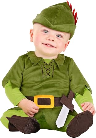 Peter Pan Baby Costume - Green Tunic Jumpsuit, Hat, Booties, Sword for Infant Adventures to Neverland