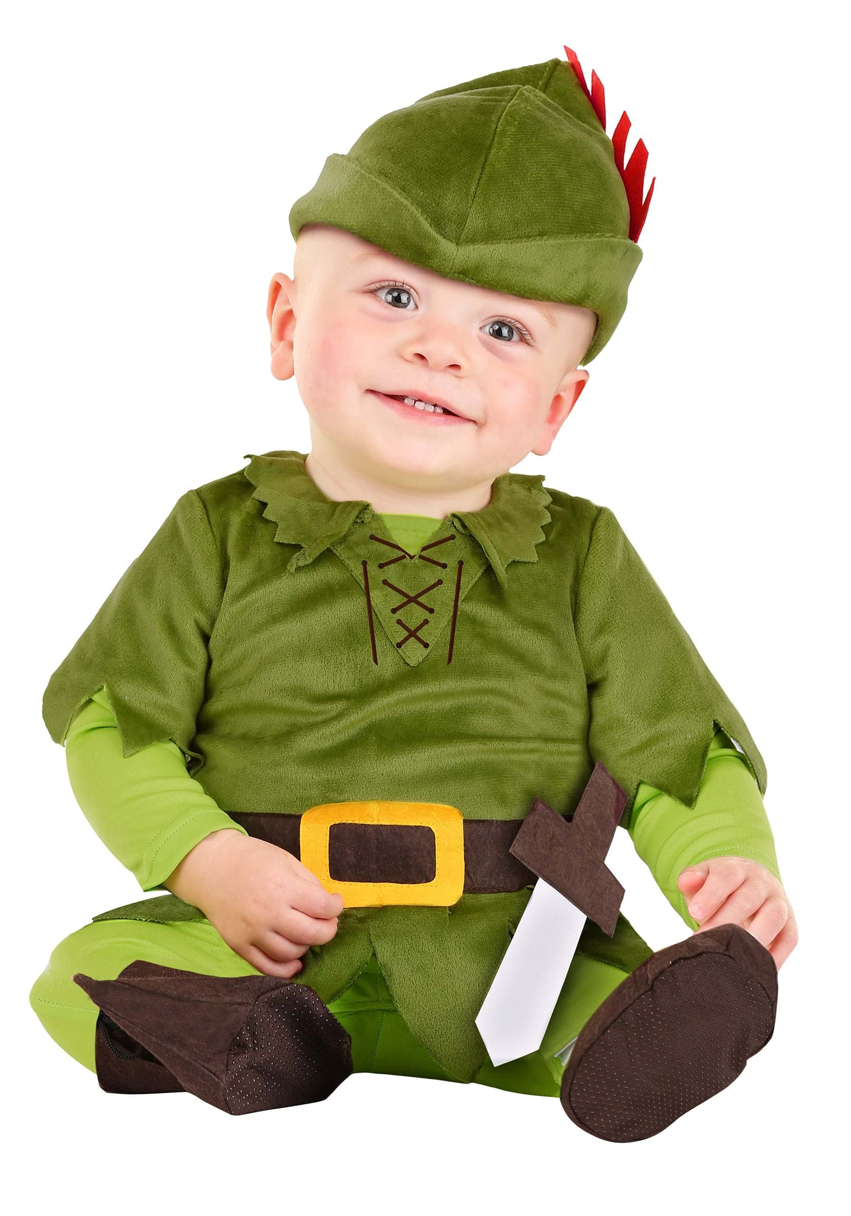 Peter Pan Baby Costume - Green Tunic Jumpsuit, Hat, Booties, Sword for Infant Adventures to Neverland 6/9 Months