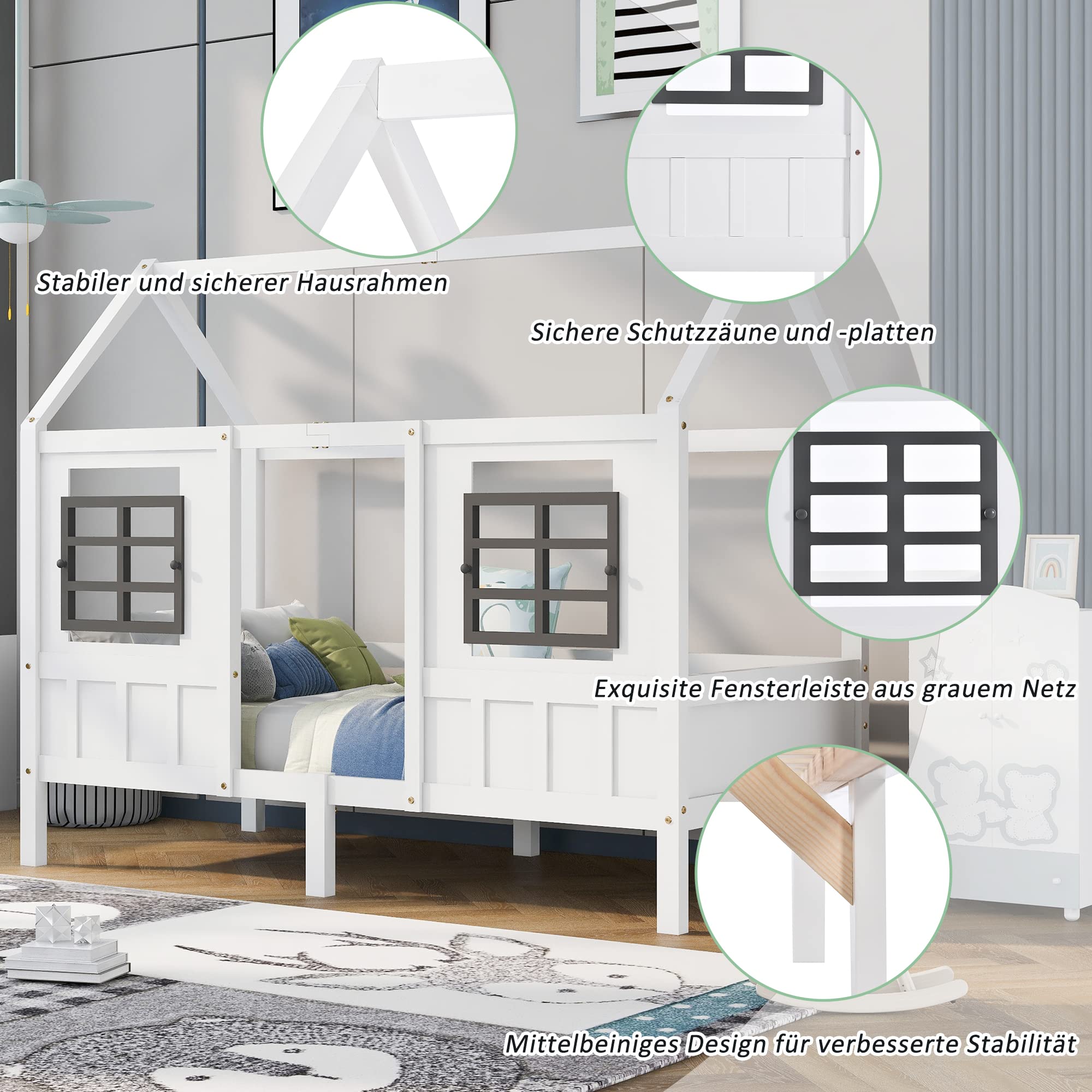 Hausbett Spielbett 90x200, Vielseitiges Kiefernrahmen Kinderbett Spielbett für Jungen & Mädchen - Kinder Bett mit Rausfallschutz und Lattenrost