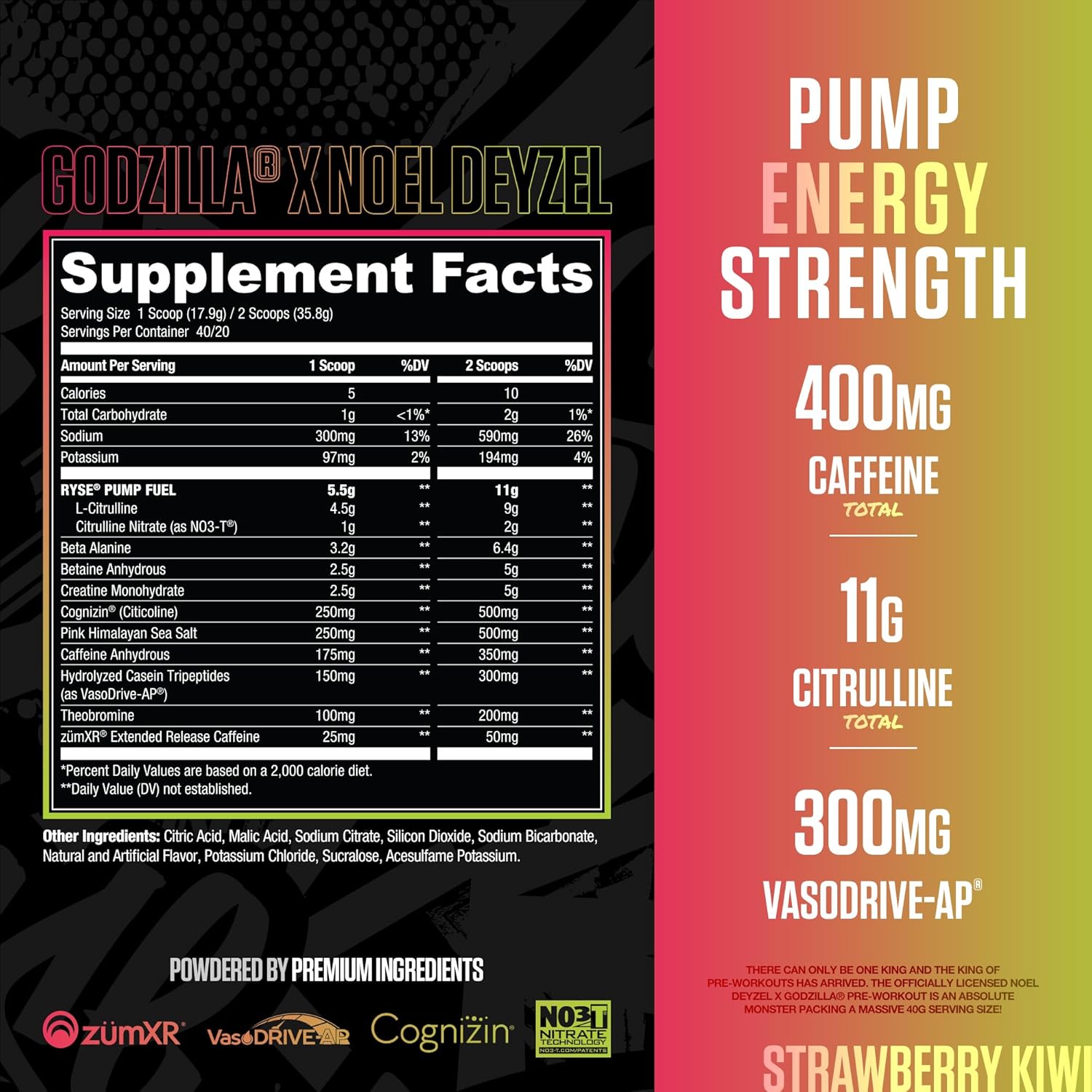 RYSE Godzilla X Noel Deyzel Pre Workout Powder - Strawberry Kiwi - 400mg Caffeine, High Stim Pre-Workout for Men & Women with Citrulline & Beta Alanine - Energy, Pump & Focus - 20/40 Servings