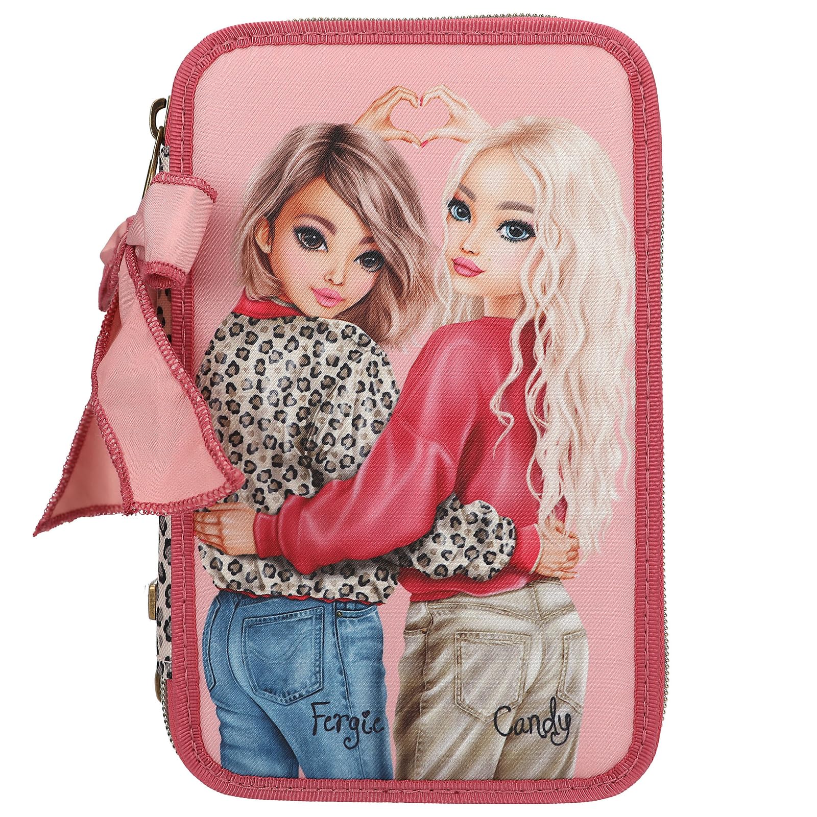 Depesche 13639 TOPModel Leoheart - Astuccio a 3 Scomparti in Rosa e Rosso, con Motivo Modello e Stampa Leo, Astuccio con matite Colorate, Forbici, Righello e Molto Altro.