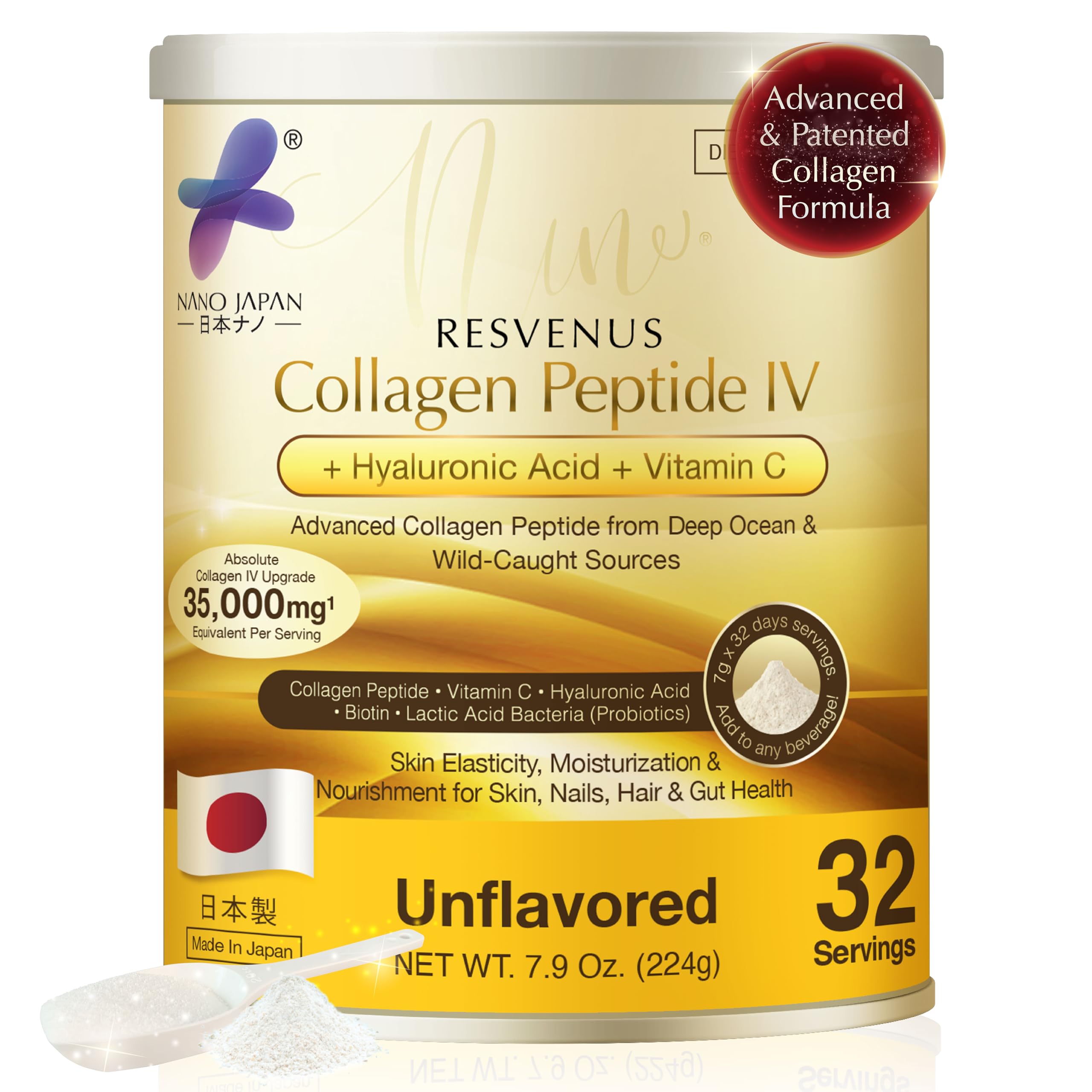 Collagen Peptide IV - Daily Beauty Supplement Formula, Japanese 6-in-1 Beauty Powder for Skin, Hair & Nails, Hydrolyzed Collagen with Hyaluronic Acid, Vitamin C, Unflavored, 32 Servings