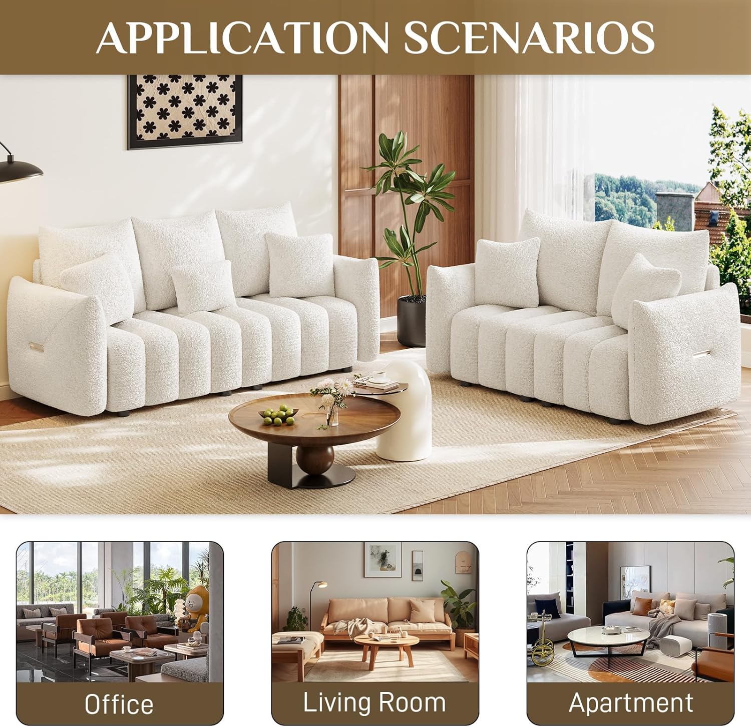 Wrofly Boucle Cloud Sofa Couch, Modern Deep Seat Boucle loveseat Sofa, Comfy Upholstered Sherpa Couch with 2 Pillows, Oversized Accent Armchair for Living Room Apartment Office, Beige
