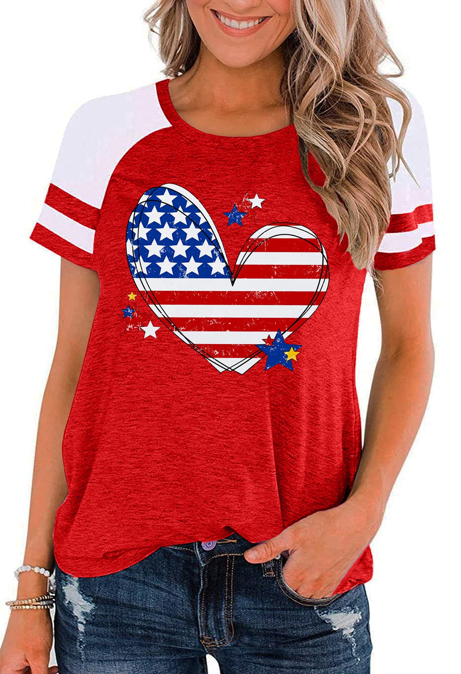 American Flag Shirt Women 4th of July Shirts USA Flag Graphic Patriotic Tshirt Raglan Color Block Tops
