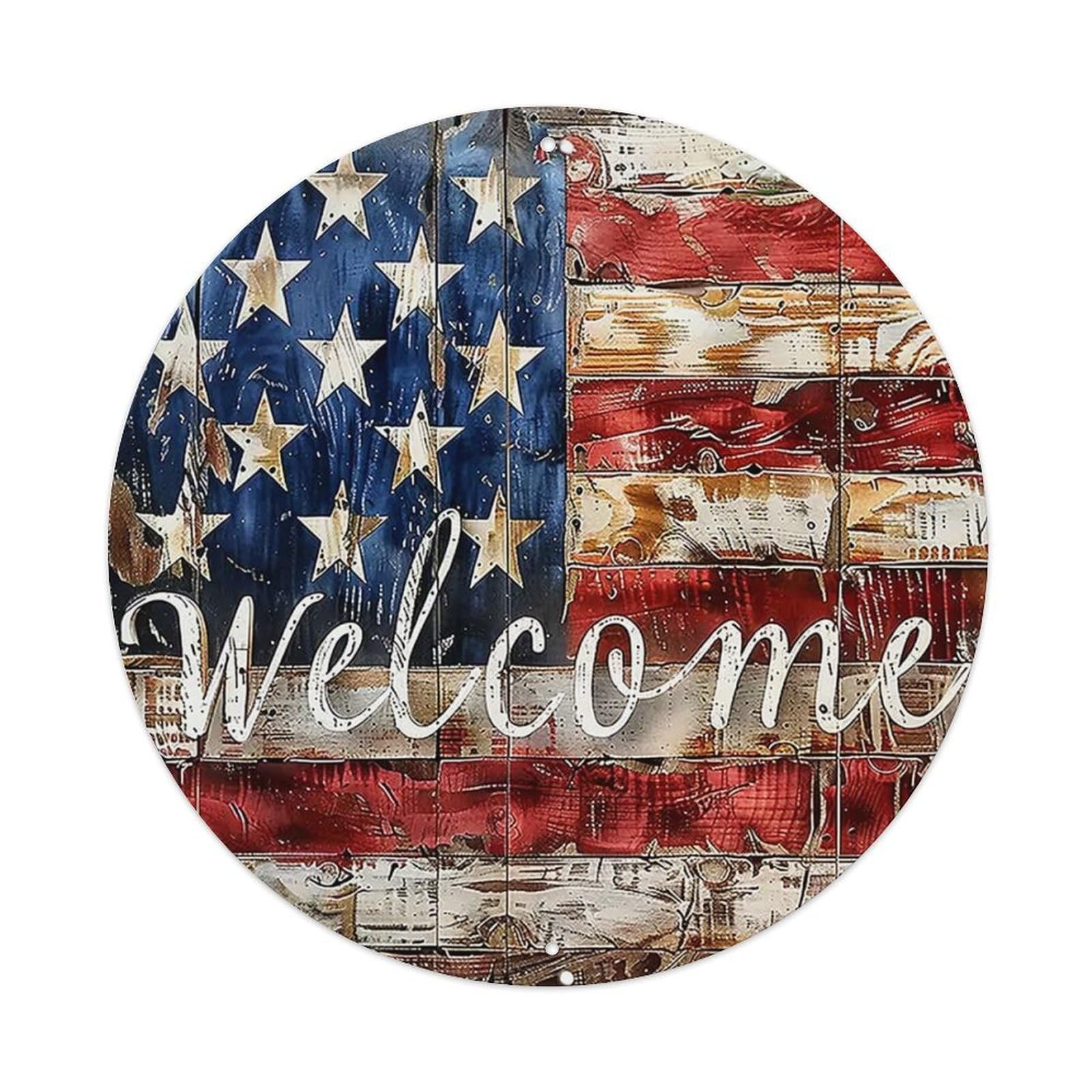 Lvalogy Style American Flag Wood Texture Welcome Metal Tin Sign Plaque