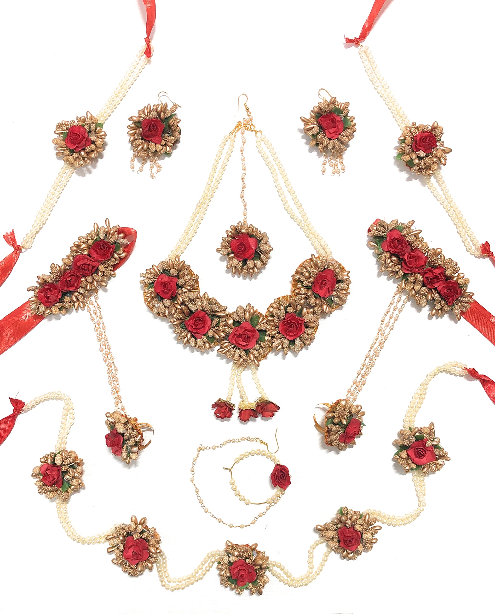 PJ Designs Flower Jewellery set for Haldi, Baby Shower, Mehendi, Sangeet and Godbharai for Women and Girls - Red Golden