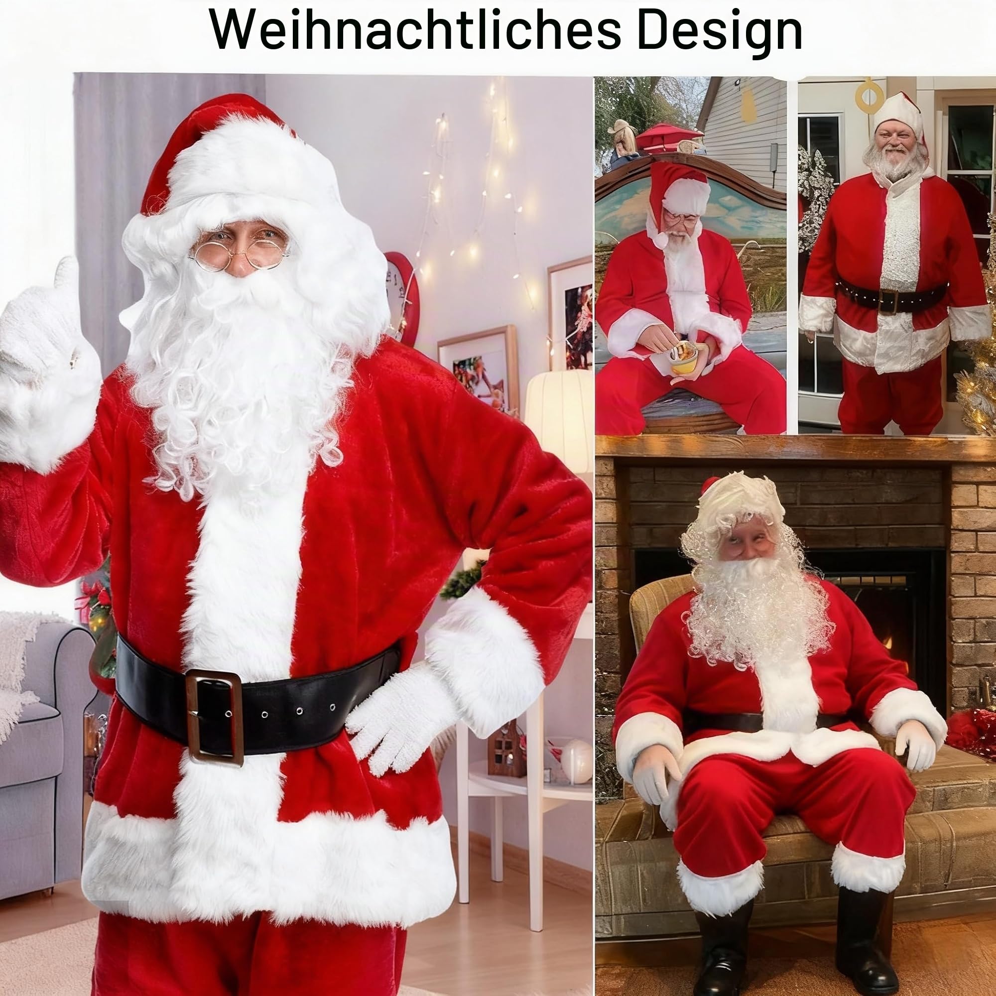Weihnachtsmann Kostüm für Erwachsene Herren, 10 Stück Weihnachtsmann Kostüm mit Hut Bart Gürtel Handschuhen Glöckchen, Herren Weihnachtsoutfit für Weihnachts Cosplay Party (Rot, XXL)