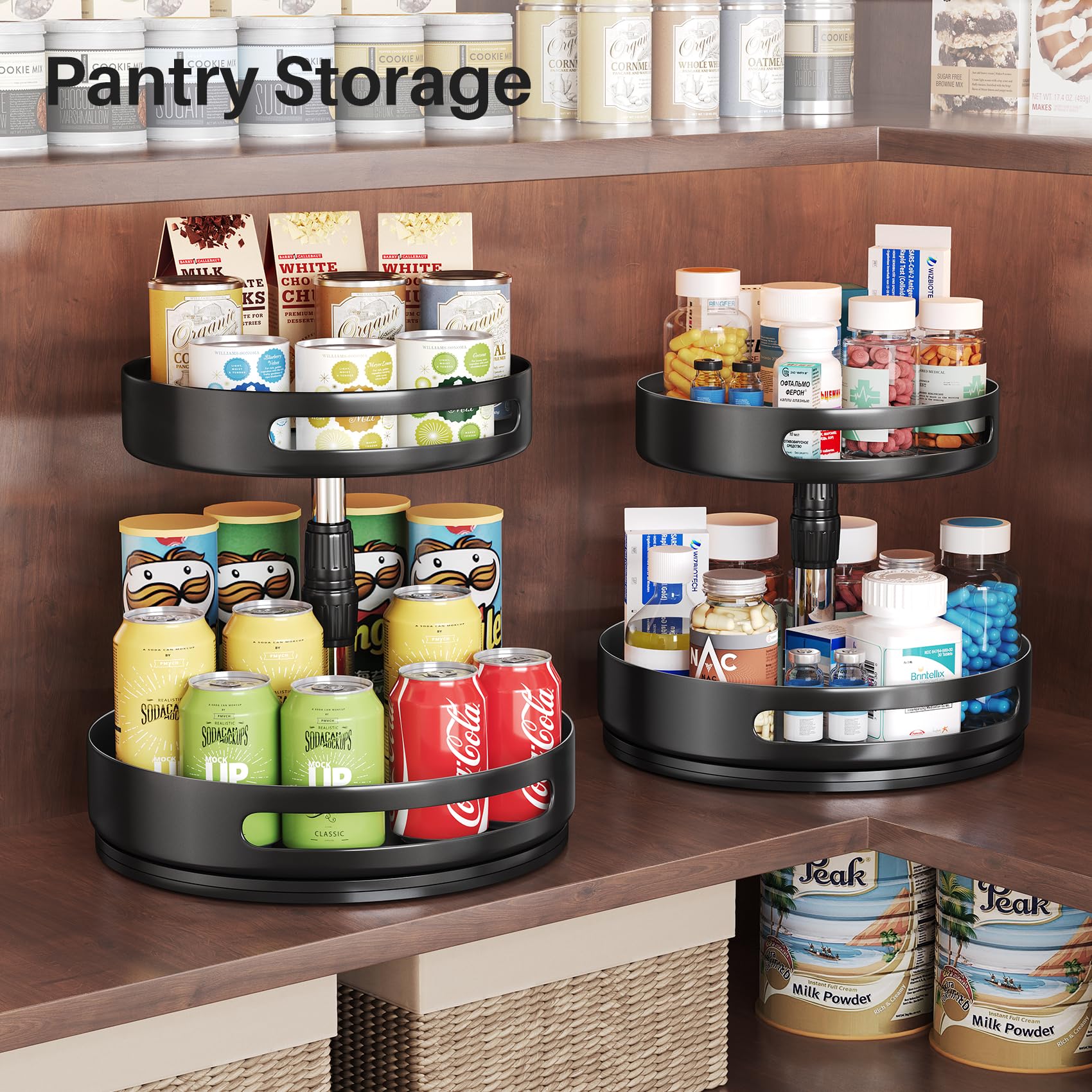 Lazy Susan Gewürzregal, 2 Etagen, drehbarer Metall-Drehteller, höhenverstellbar, Gewürzregale für Theke, Speisekammer, Schrank, 25,4 cm, Schwarz | Höhenverstellbar, um 360 Grad drehbar, Gewürz-Drehteller für Tischplatte, Küche, Speisekammer
