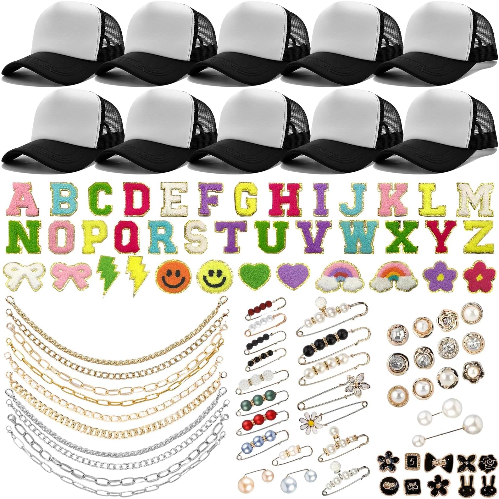 10 Pack Black Trucker Hats Blank DIY Kit Adjustable Baseball Caps with Bulk Trucket Hat Charms Chain Letter Embroidered Patches Pearl Pin Brooch Accessories for Women Men Party Hat Clothes