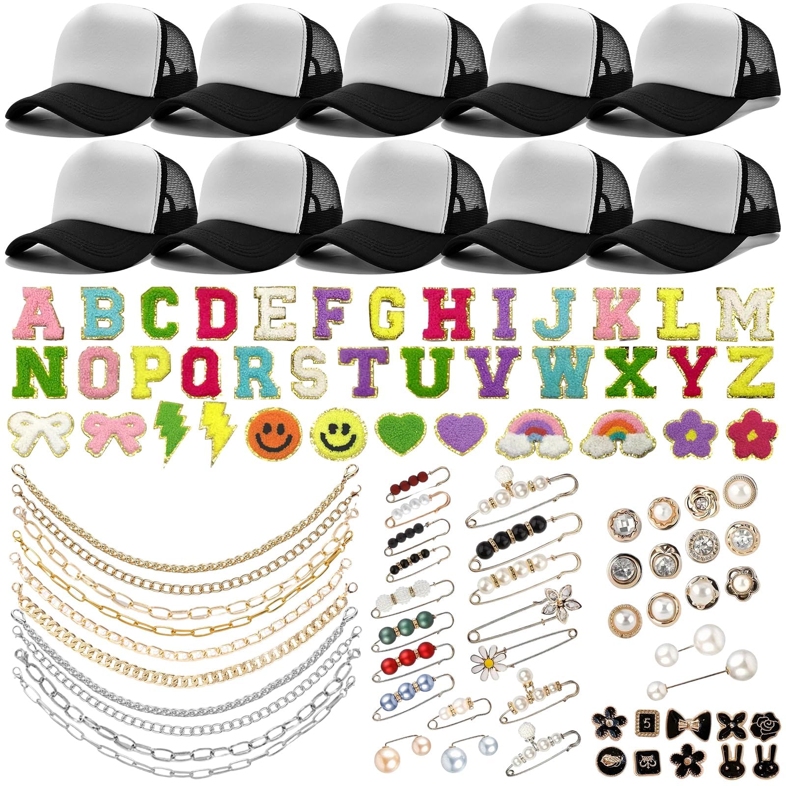 10 Pack Black Trucker Hats Blank DIY Kit Adjustable Baseball Caps with Bulk Trucket Hat Charms Chain Letter Embroidered Patches Pearl Pin Brooch Accessories for Women Men Party Hat Clothes