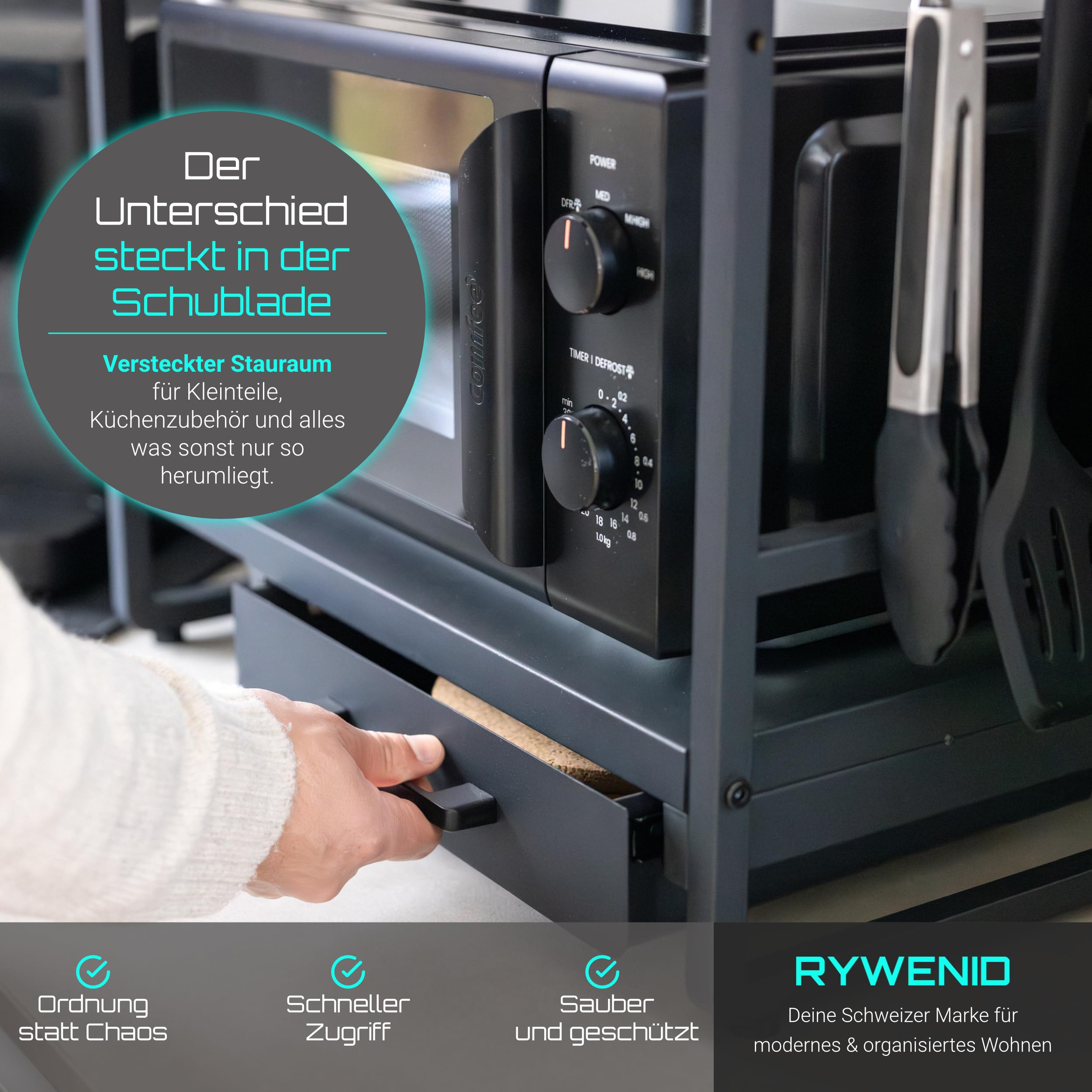 Mikrowellenregal mit Schublade höhenverstellbar, Regal Mikrowelle schwarz | Küchenorganizer Regal für Arbeitsplatte, stabil bis 50kg, erweiterbar 40-64cm, Küchenregal für maximale Ordnung in der Küche