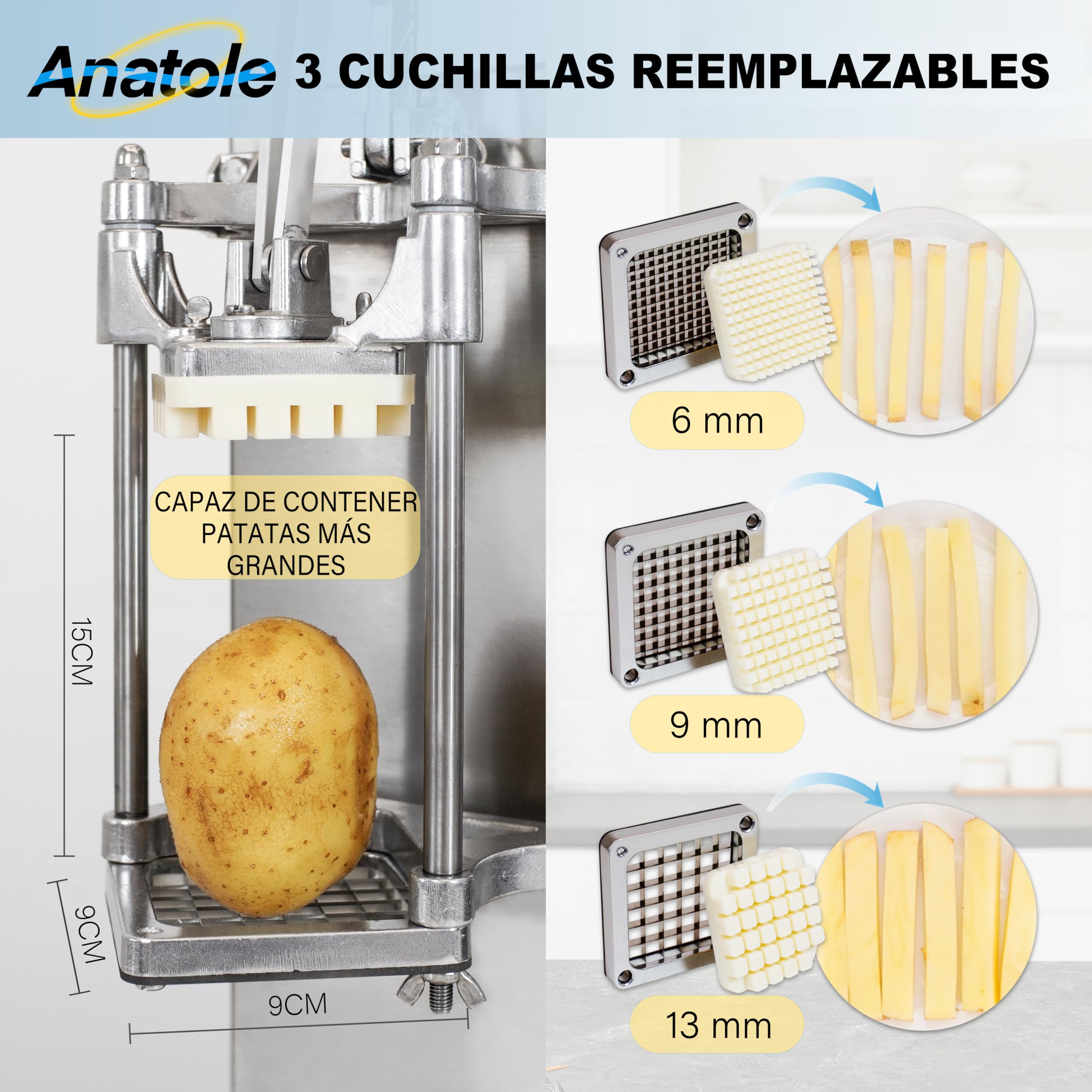 Anatole Cortador de Patatas Fritas Profesional Vertical con Cuchillas de 6mm 9mm 13mm Acero Inoxidable Cortadora de Verduras Frutas Manual Multifuncional para Cebollas Zanahorias Pepinos