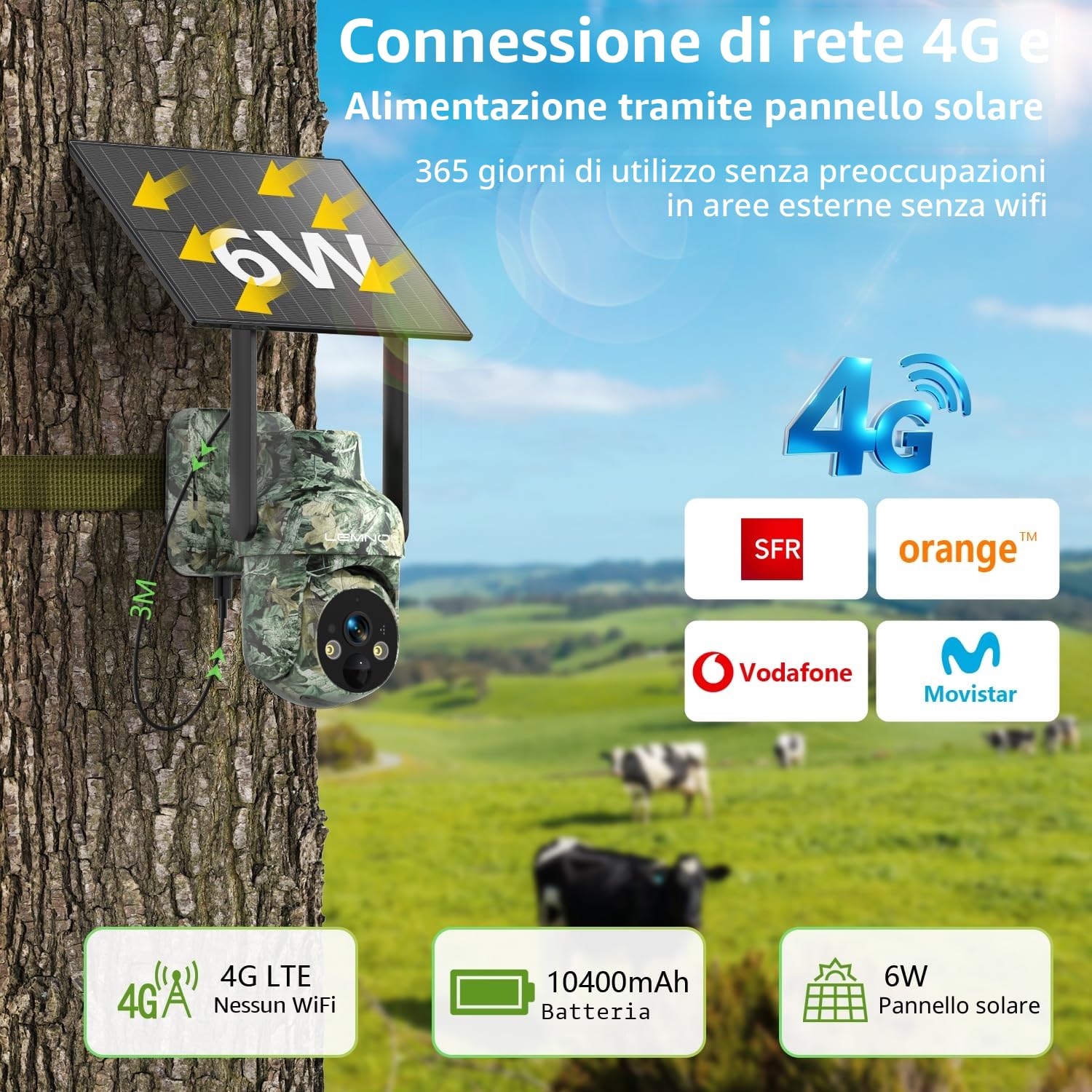 LEMNOI Fototrappola 4G Solare con SIM Preinstallate, Fotocamera da Caccia con Pannello Solare, Telecamera Esterna 2K PTZ Impermeabile con Visione Notturna a Colori, Rilevamento PIR (1 pezzo)