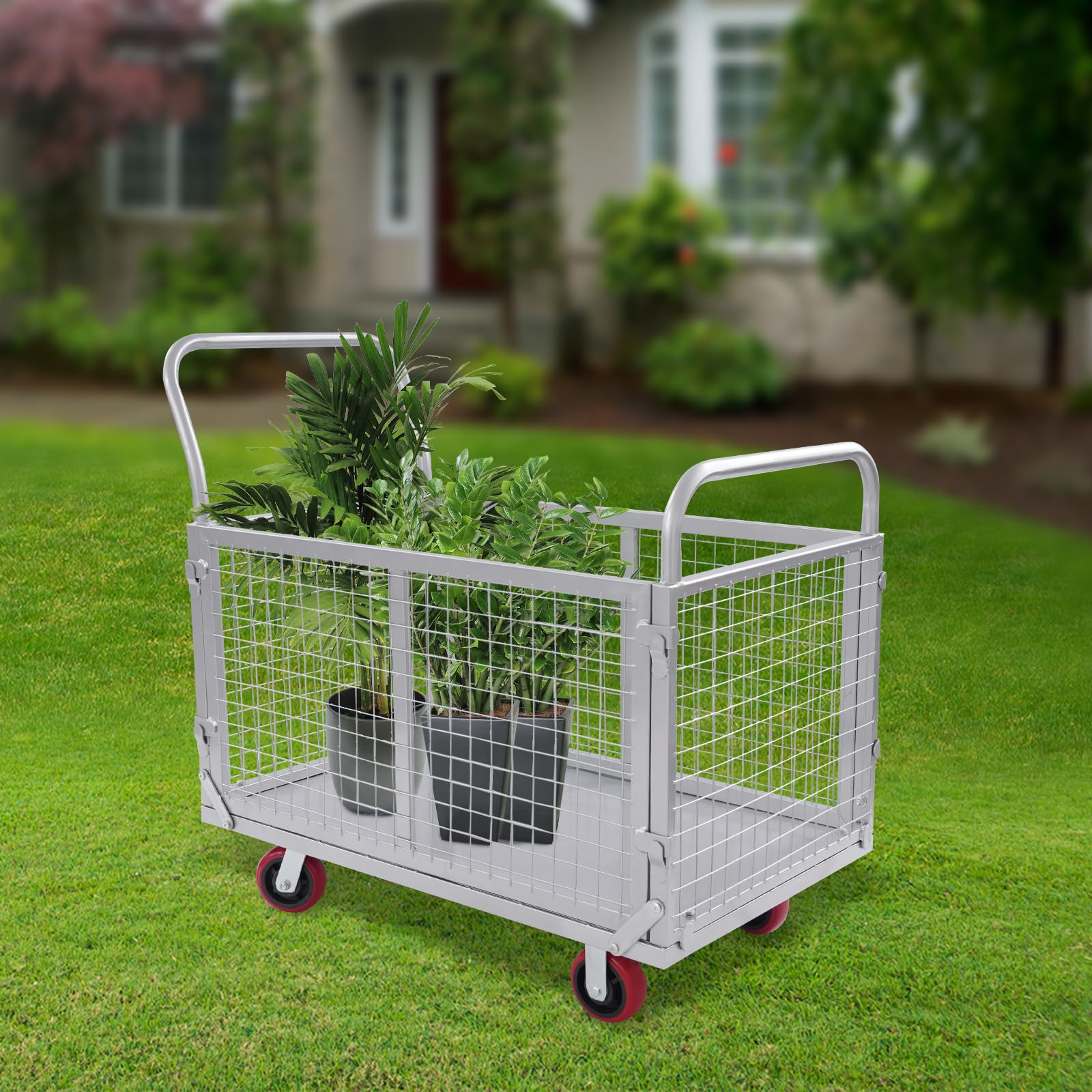 Plattformwagen, Transportwagen, mit Gitter Handwagen Kaltgewalzter Stahl, 200kg Tragfähigkeit, 100 * 60 * 94cm, abnehmbare Gitterwände für Logistikzentren Lagerhäuser Haus, Silber