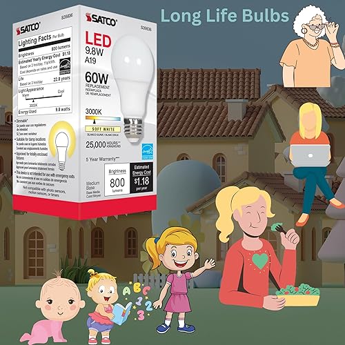 Miniatura 5 de Satco S39836; lámparas LED; 9.8 vatios; LED A19; omnidireccional; 3000 K; base media; ángulo de haz de 220 grados; 120 voltios para uso residencial,