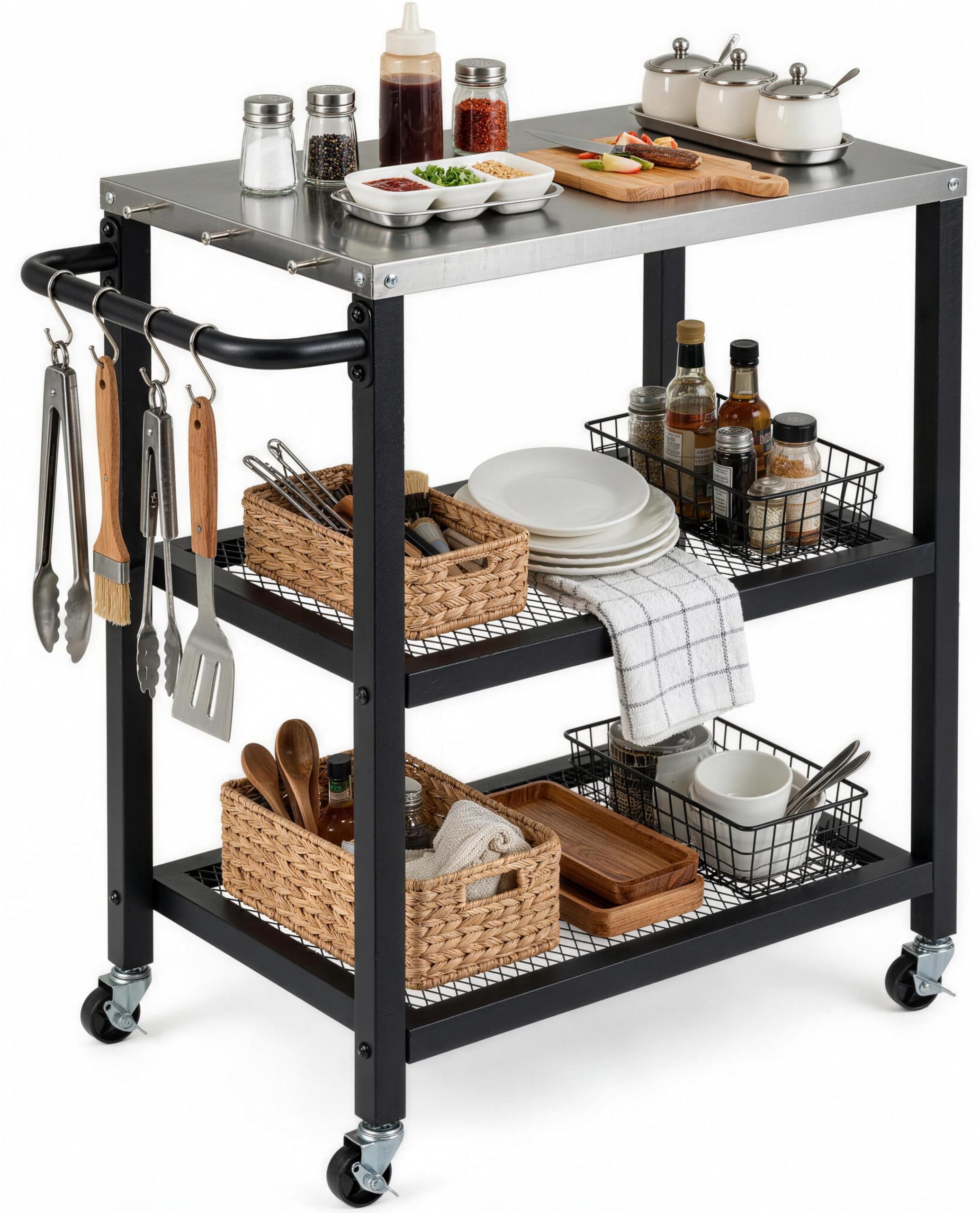 TANGZON Outdoor Grill Cart, BBQ Prep Table, Pizza Oven Trolley with Wheels