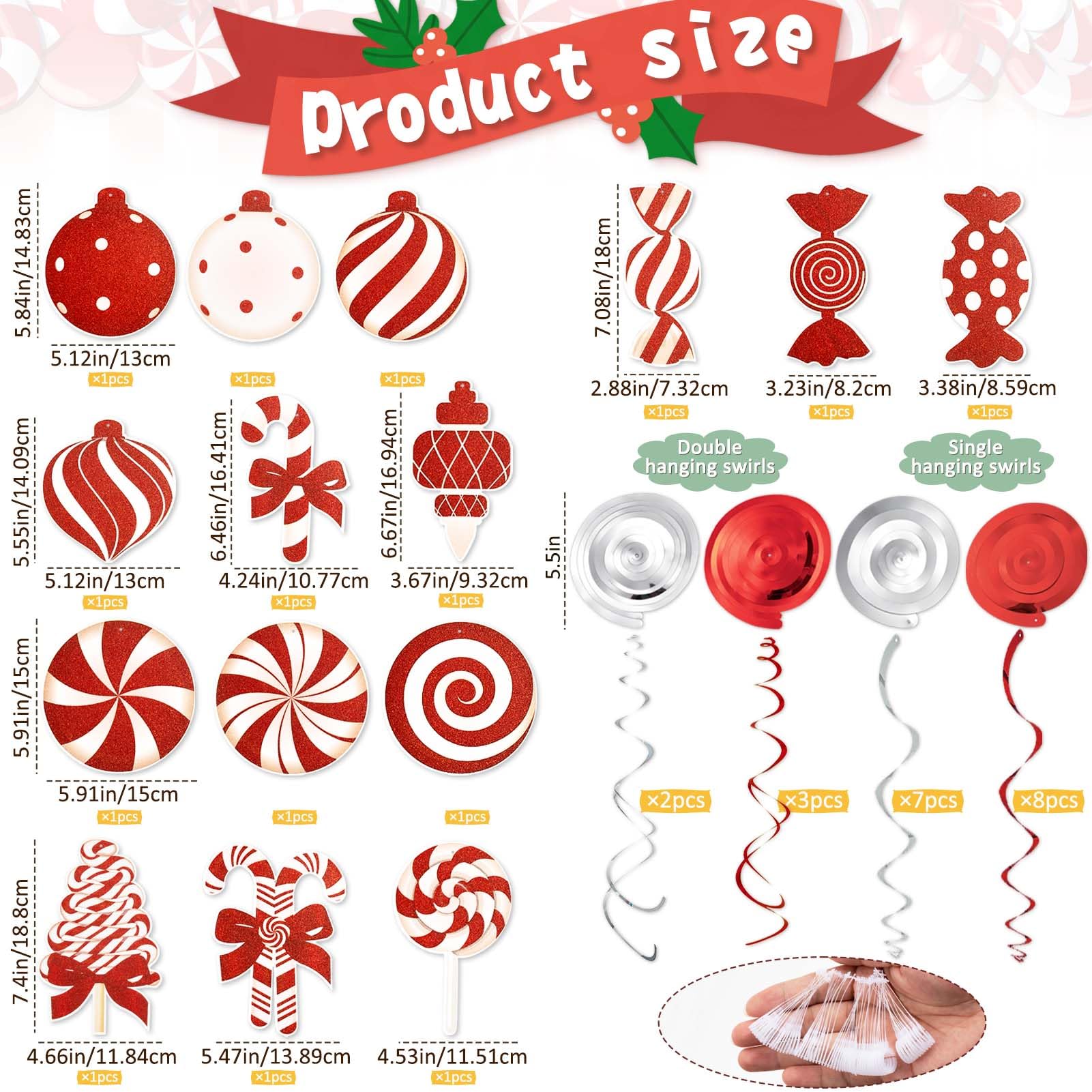 Decoraciones de Navidad para el hogar, 36 piezas de decoraciones colgantes de caramelo, dulces de Navidad, remolinos colgantes de techo para árbol, hogar, decoración de vacaciones de invierno,