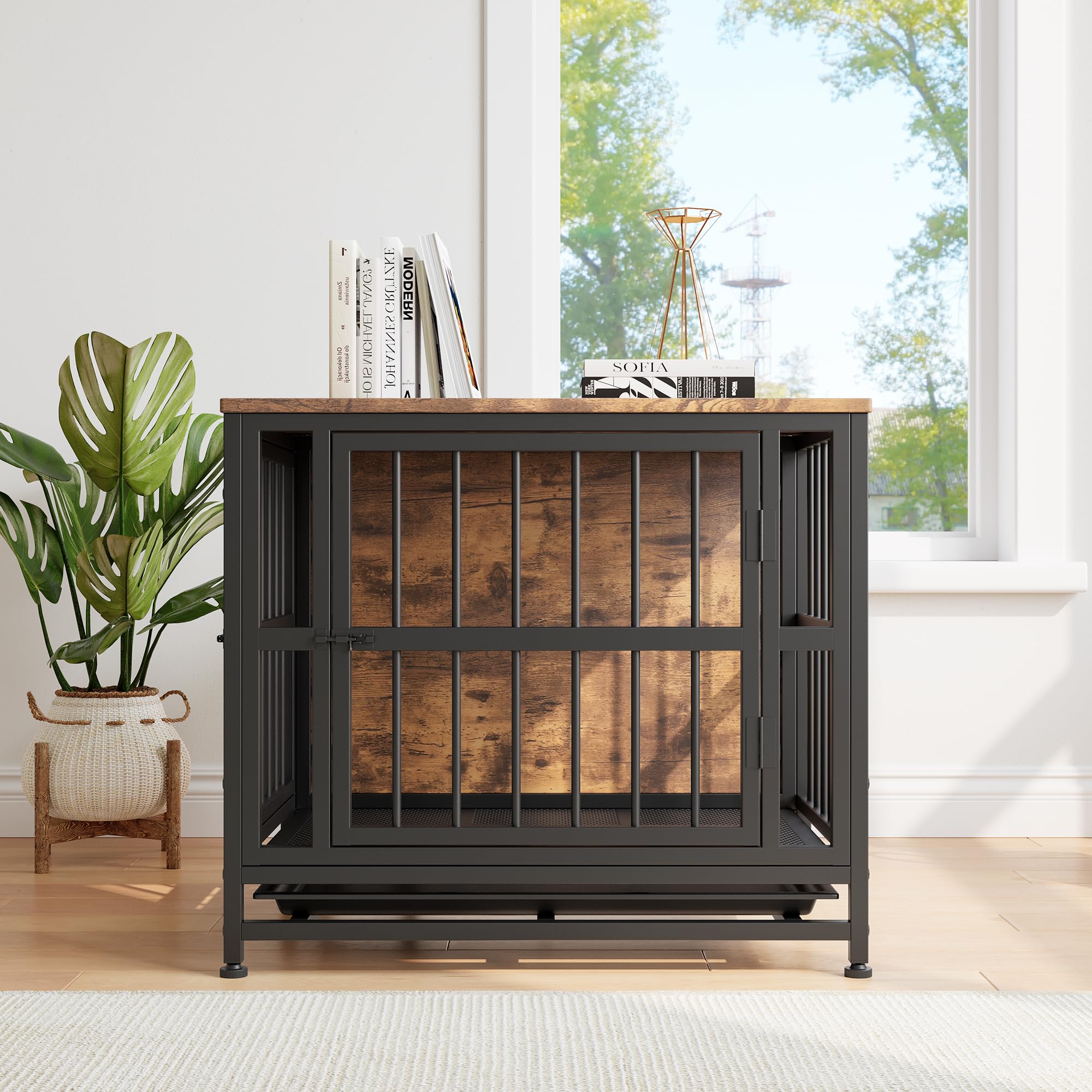 Gabbia per cani in legno robusto con 2 porte, vassoio rimovibile, tavolino resistente alla masticazione, marrone rustico 70 cm