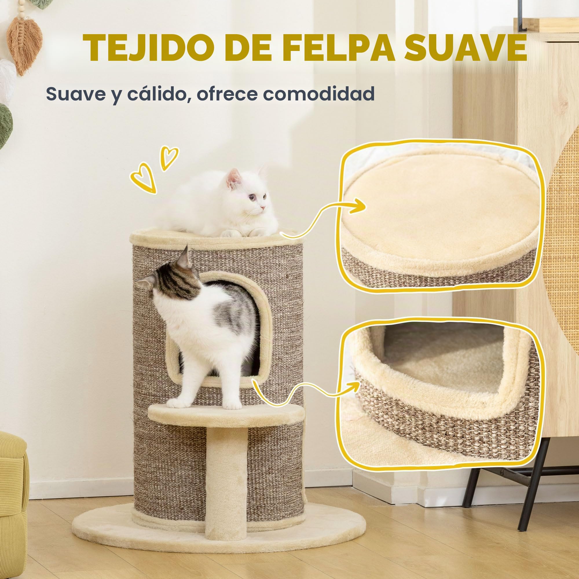 PawHut Barril rascador para Gatos, Barril para Gatos de 61 cm de Altura con 2 Cuevas, Poste rascador con Plataforma de Salto, Torre para Hecha de sisal, Felpa, para pequeños Beige