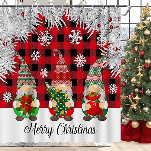 JOOCAR Cortina de ducha de gnomo de Navidad para baño, cortinas de ducha a cuadros rojos, decoración de baño, tela impermeable con ganchos,