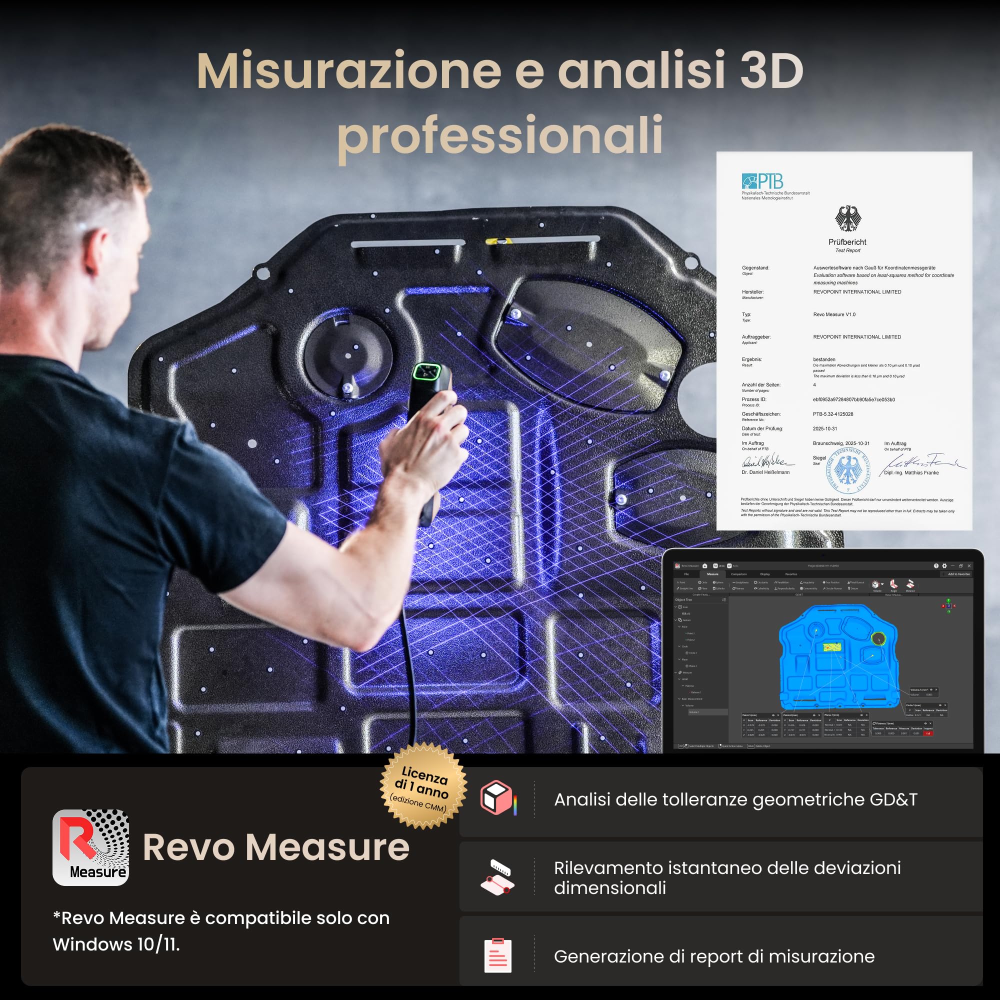 Revopoint MetroY Ultra Scanner 3D, Laser Blu 0,01 mm, GD&T e Analisi Variazioni, Certificato PTB, 90 FPS, Wi-Fi 6, Scansione Colori/Esterni, Stampa 3D, Piastra Sfera Fibra Carbonio (Solo Win 10/11) | Laser Blu 0,01 mm, GD&T e Analisi Variazioni, Certifica