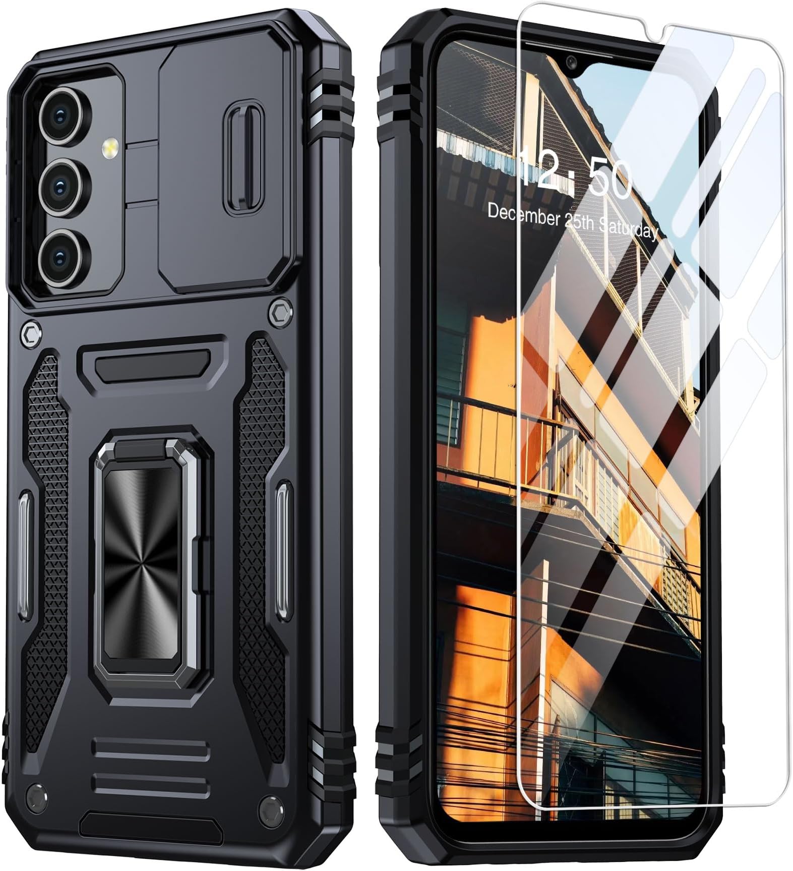 GOLDJU for Samsung Galaxy A15 5G Case, Galaxy A15 Case with Screen Protectors[Military Grade] Magnetic Kickstand Protective Case for Samsung A15 Heavy Duty Rugged Cell Phone Protective Cover Black