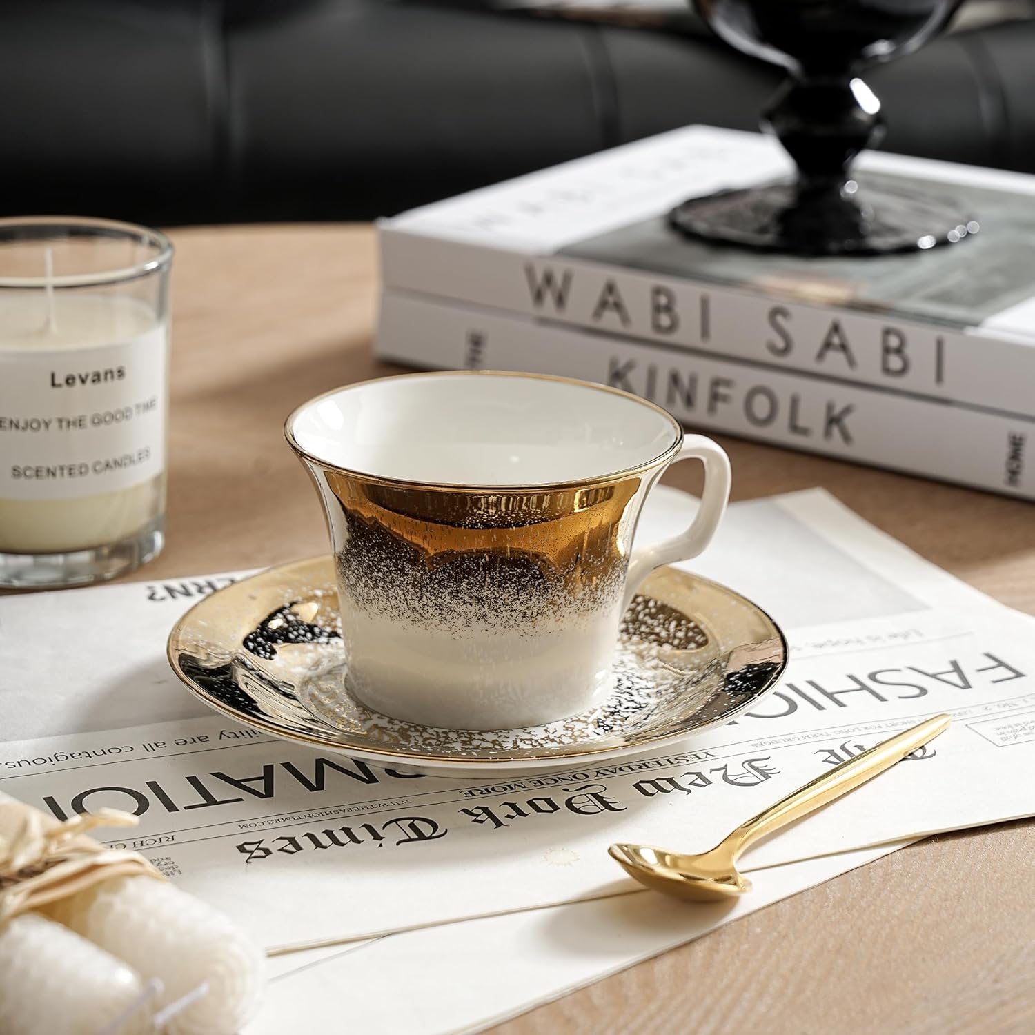 Tea Cups and Saucers Set of 2 with Gold Spoon, Ceramic Coffee Cups with Matching Plates, Handcrafted Gold & Silver Glaze, Luxury Cup & Saucer Gift Set with Box, 5oz