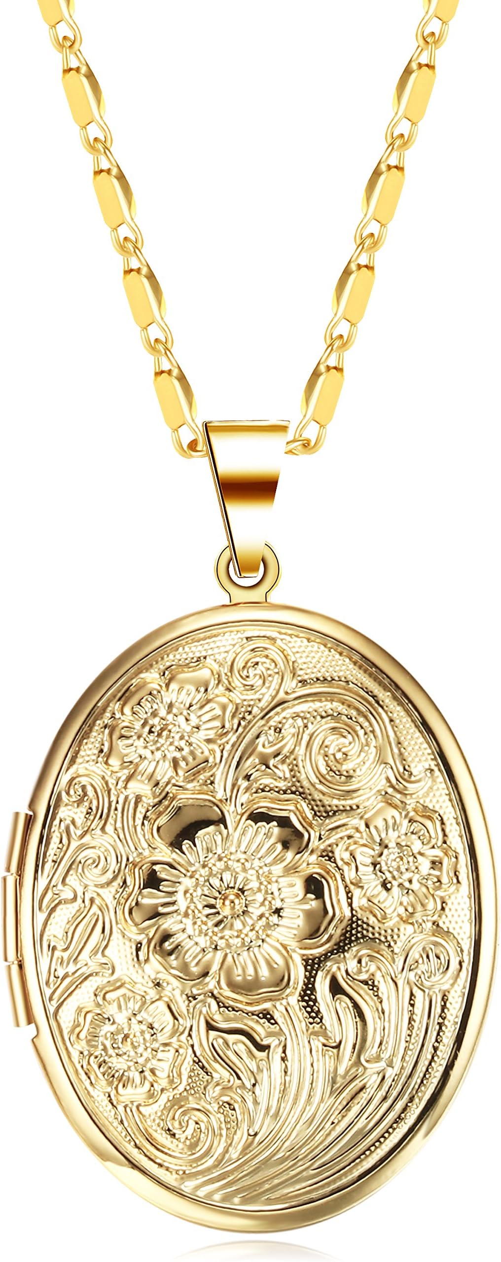 JuJubak Sterling Gold Oval Hand-Engraved Photo Picture Locket Pendant Necklace Platinum/18K Gold Plated Vintage Personalized