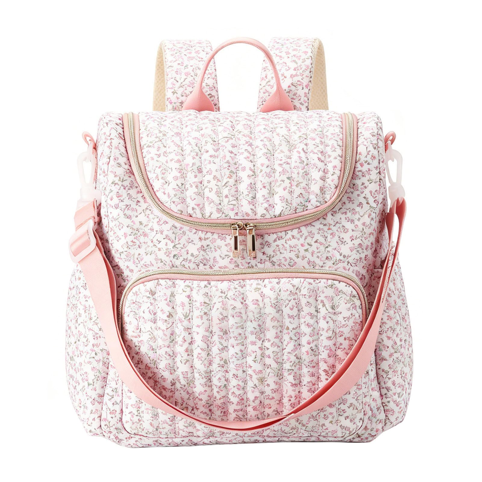 Quilted Diaper Bag Backpack Floral Baby Nappy Changing Bag Backpack for Mum Baby Travel Backpacks with Stroller Strap (Pink Micro Floral)