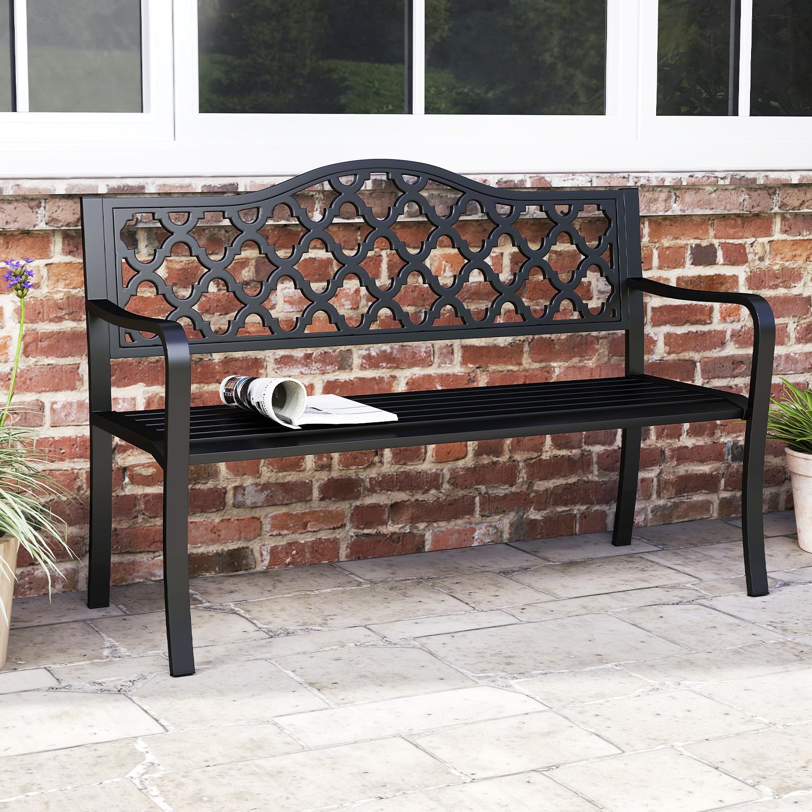 COSTWAY Panchina da Esterno in Metallo con Doghe e Braccioli Curvati | Panca da Giardino 128 x 54 x 89 cm per 2-3 Persone per Piscina e Veranda, Nero