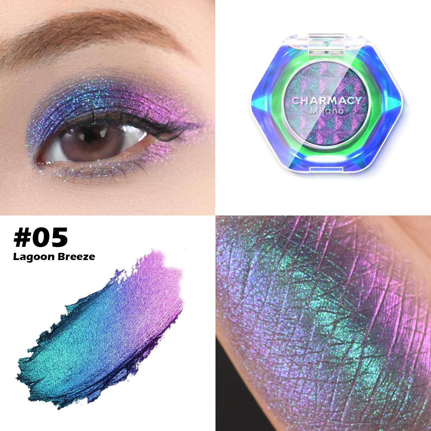 CHARMACY Multichrome Glitter Eyeshadow, Intense Pigmentation Chameleon Sparkling Eyeshadow, Bright Highlighter Duochrome Eye Make Up, Multi-Reflective Finishes Glitter Metallic Eye Makeup #05: 102-Ocean Mirage 0.04 Ounce (Pack of 1)