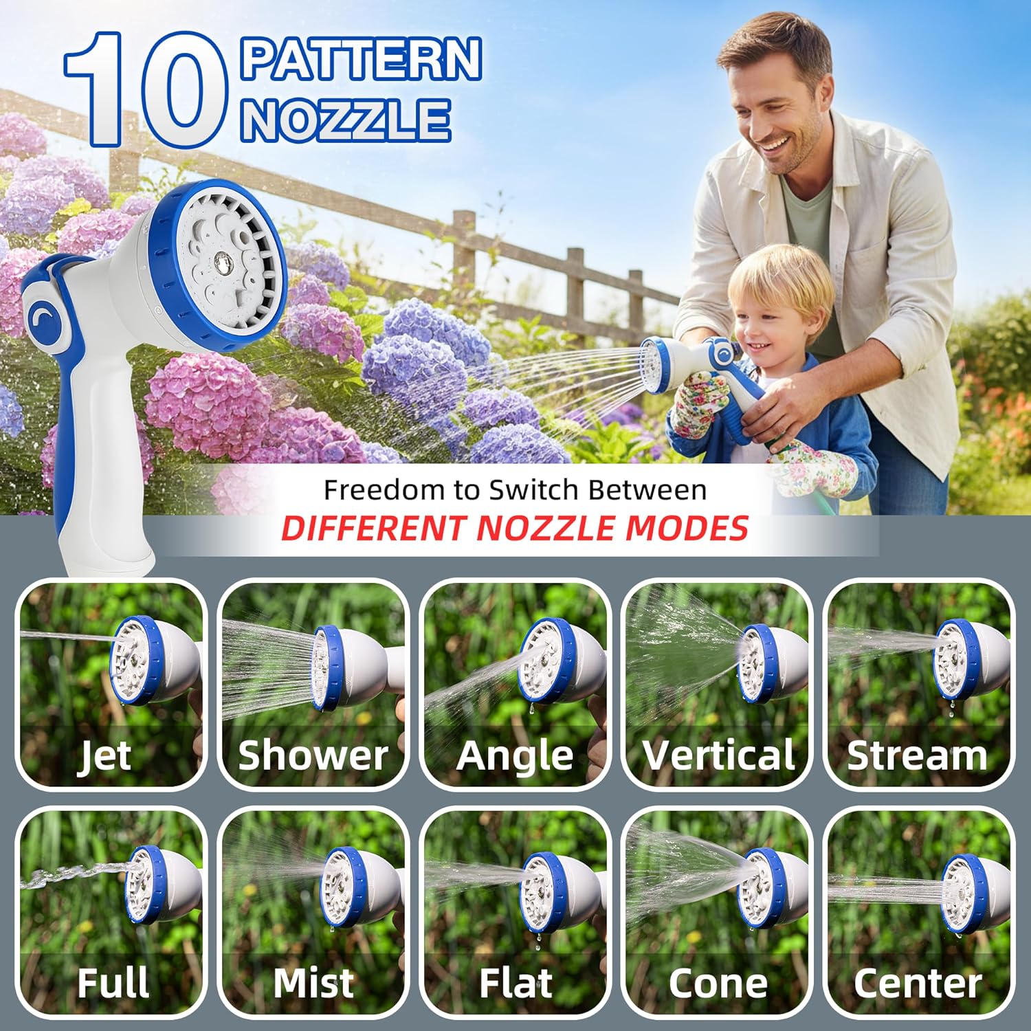 Retractable Garden Hose Reel, 50FT Home Hose Reel with10 Patterns Spray Nozzle, Adapts to standard US hose plugs, for Garden Watering, Floor Cleaning, Pet Cleaning, etc