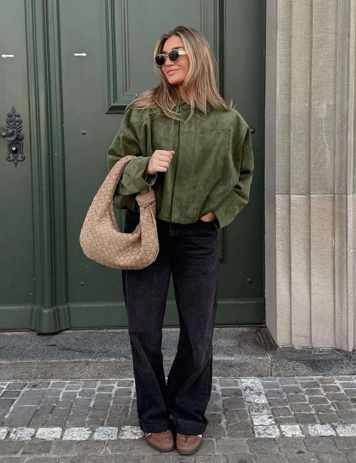 Women's Cropped Faux Suede Bomber Jacket Fall Casual Oversized Shacket Coat Long Sleeve Trendy Outerwear - Image 9