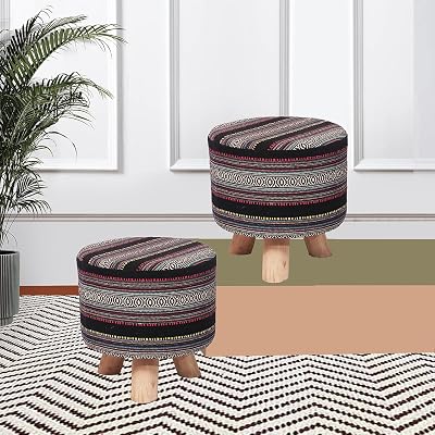 Upholstered and Wood Puffy Stool Multicolor Fabric - Set of 2