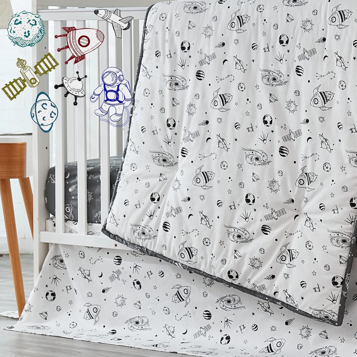 Brandream Milky Way Space Galaxy 3-Piece Baby Boy Girl Nursery Crib Bedding Set with Spaceship Rocket Theme - Black and White Bedding