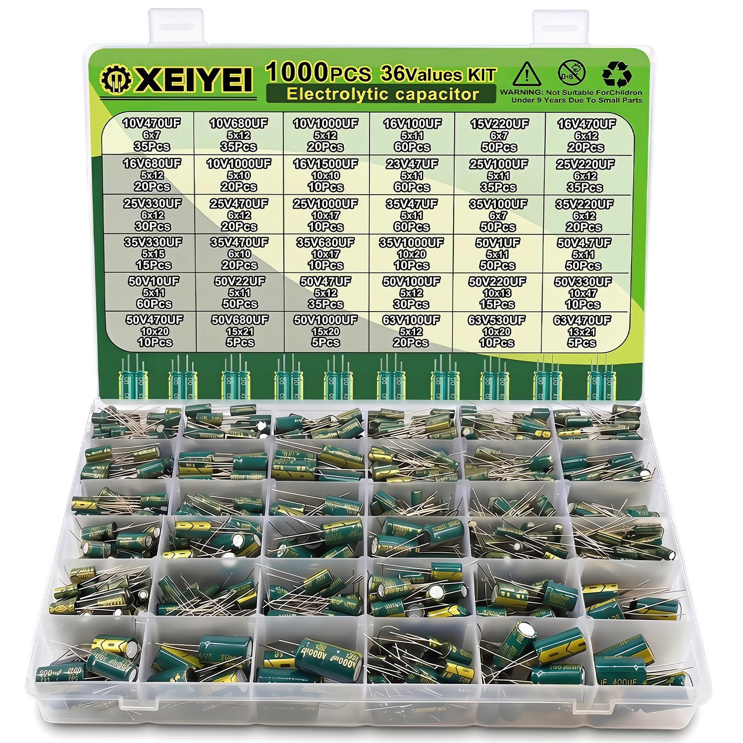 Elkos Kondensator 36 Wert 1000Stk Elektrolytkondensator Set | Elektrolytkondensator Sortimentsbox Set 1uF-1500uF Niedriger ESR Aluminium Capacitor Kit Electrolytic Capacitors