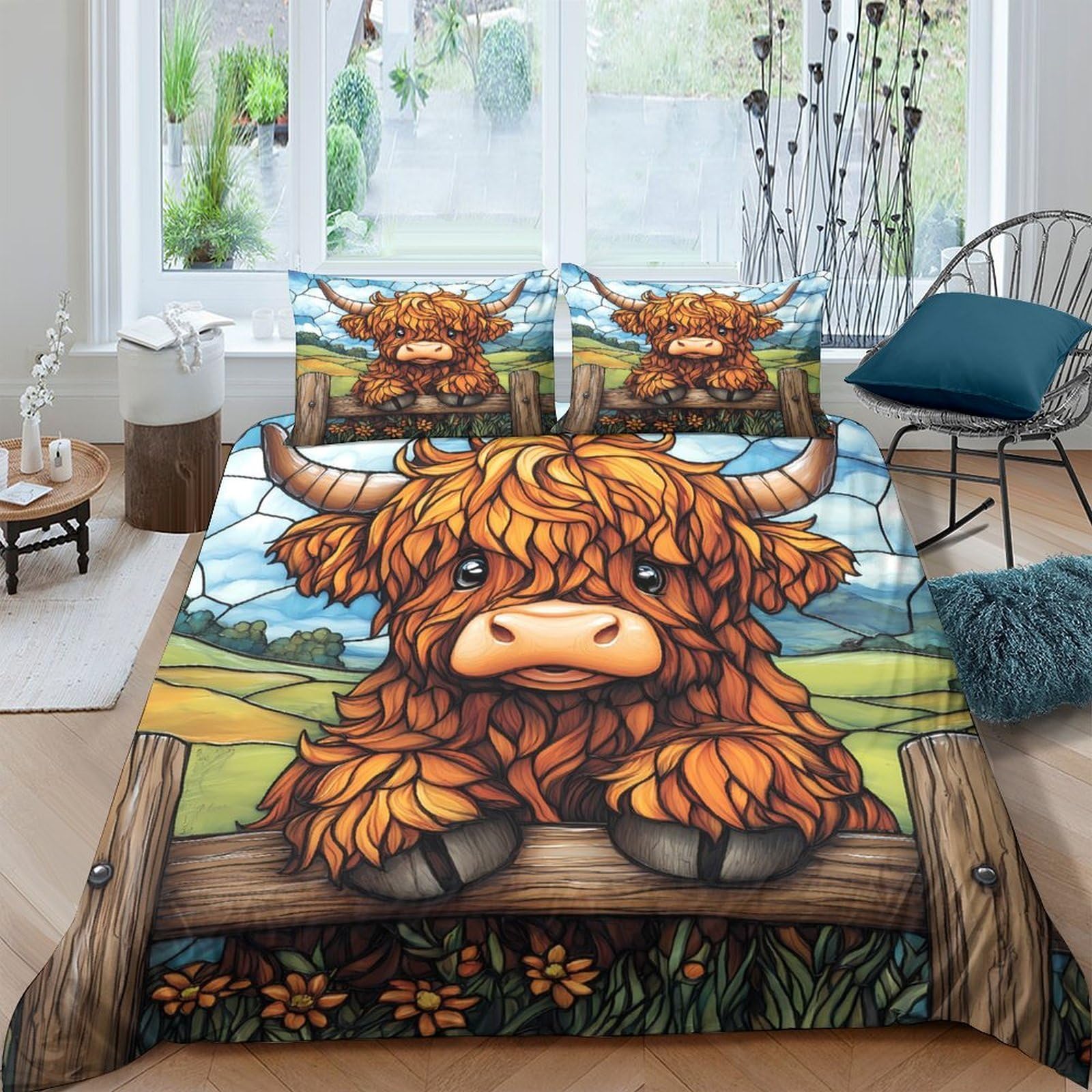 Ctjqhvkz Style-10 3D Printed Highland Cow Fitted Sheet Microfiber Soft Anti-Slip Pasture Bed Cover For Bedroom Guest Room Decor Single（135X200cm）