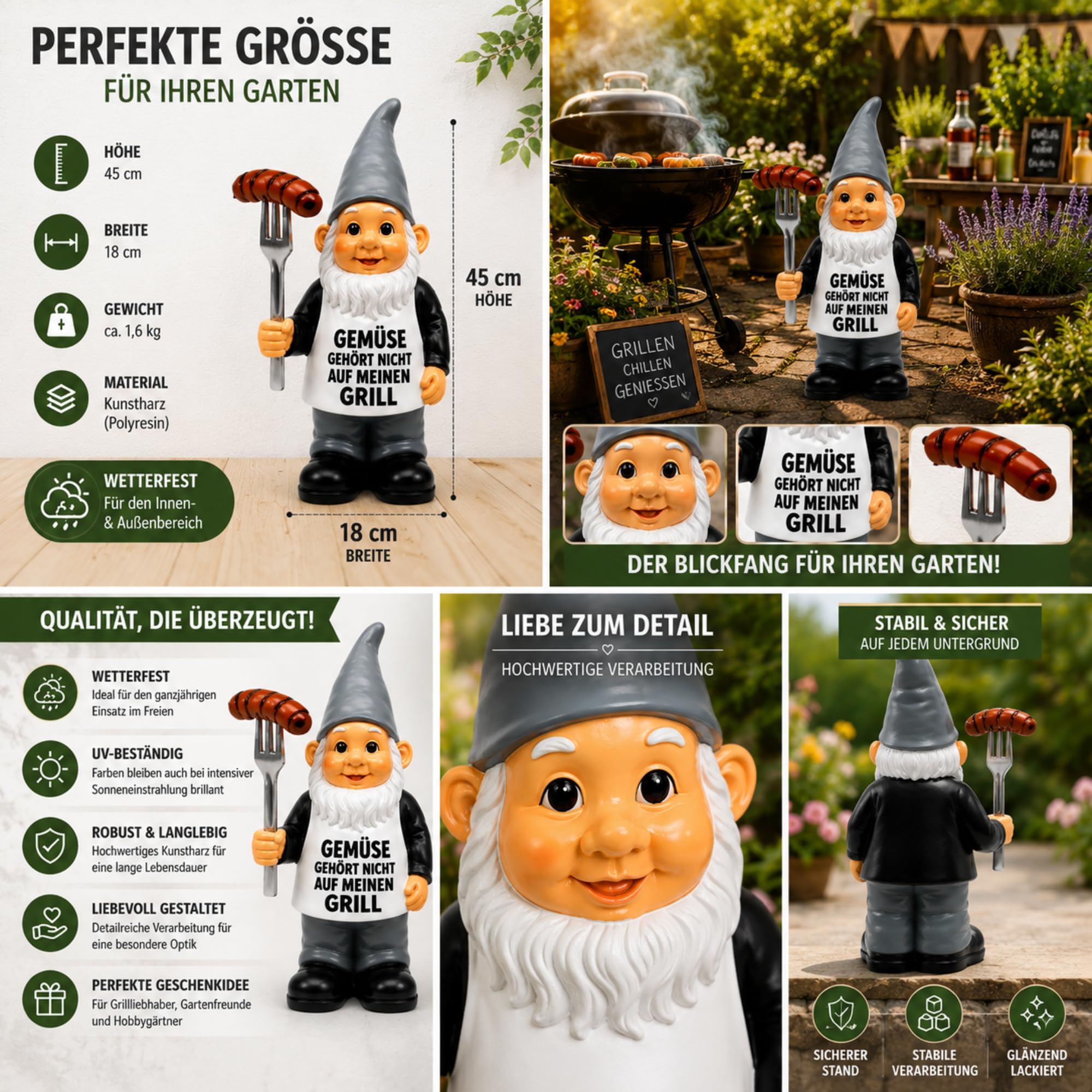 Gartenzwerg Grillfigur aus Kunstharz mit Grillgabel & Wurst – 45 cm Wetterfeste Gartenfigur für Garten, Balkon & Terrasse – Lustige Gartendeko für Grillliebhaber