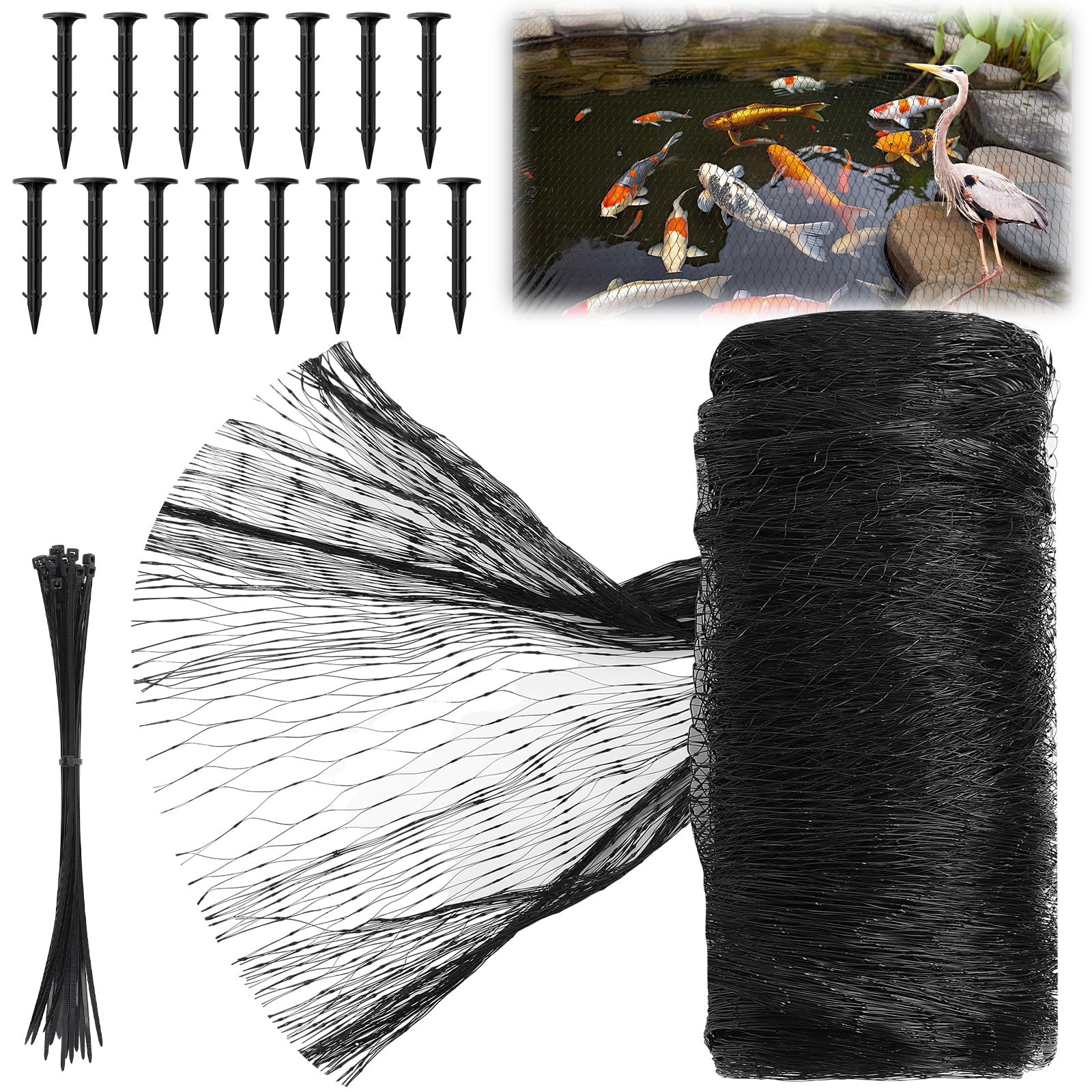 Koi Pond Netting Kit 14 x 14ft, Bird Deer Fence Netting, Durable Net Cover for Leaves, Heavy Duty Fine Mesh, Protect Fish from Blue Heron Birds, Cats &amp; Predators, 15pcs Stakes &amp; Ties Included