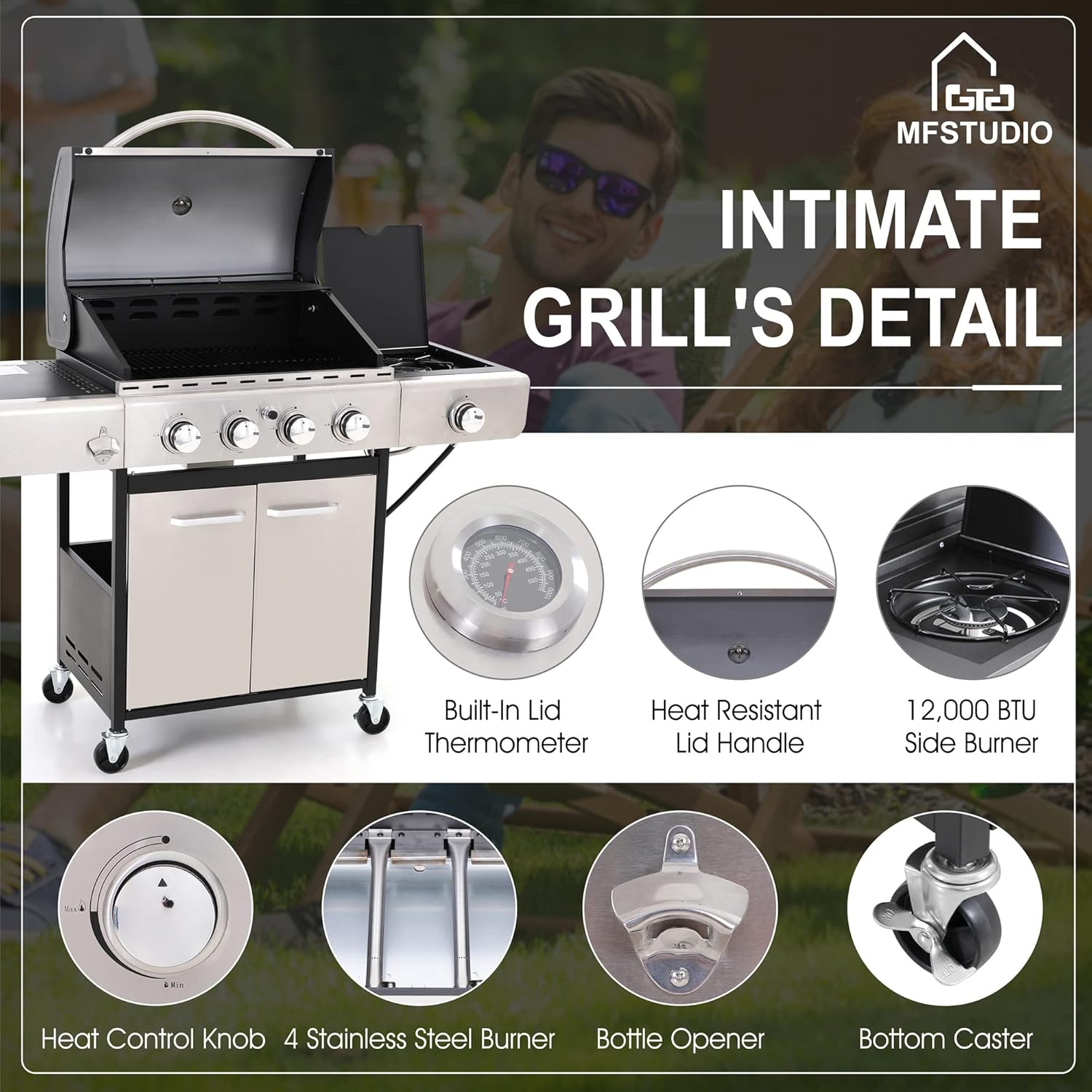 Stainless Steel 4-Burner Propane Gas Grill with Side Burner
