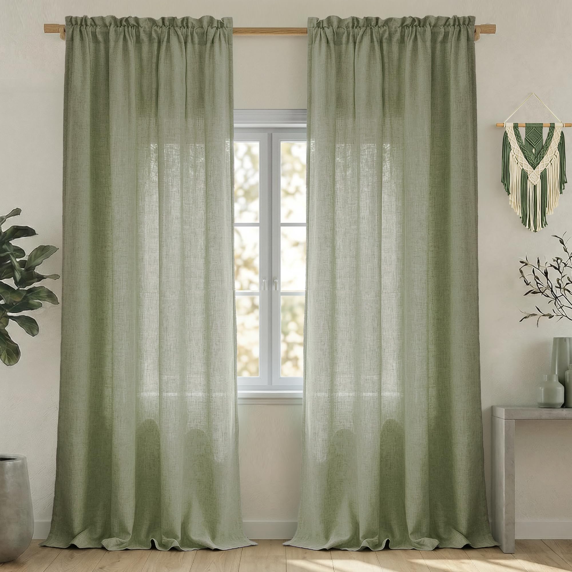 Cottage Home Decor for Living Room,Sage Green Curtains 108 Inches Long for Dining Room 2 Panels Set Rod Pocket Light Filtering Energy Efficient Semi Sheer Linen Curtain for Patio Doors 9 FT Tall — image 1