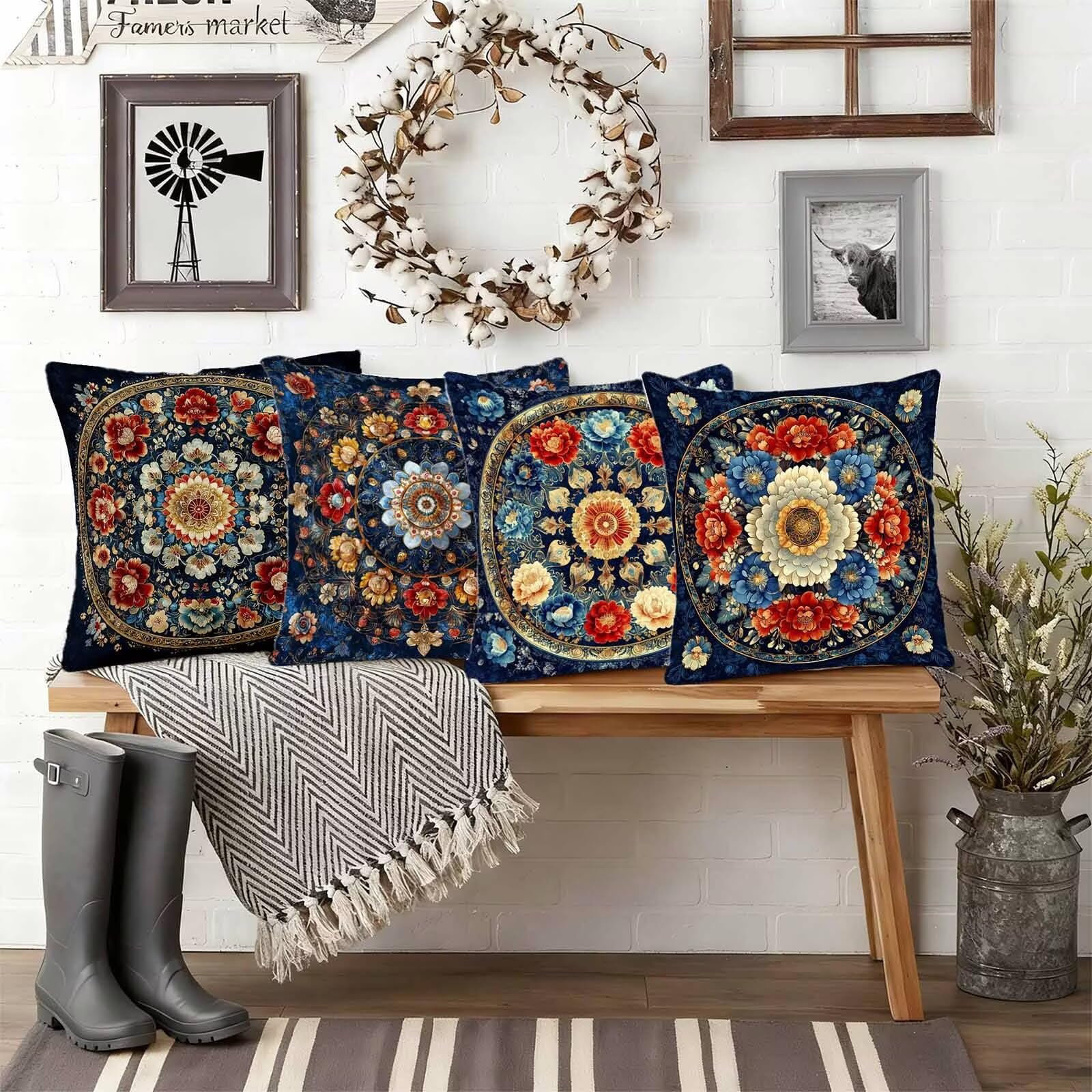 Kolorowa poszewka na poduszkę 60 x 60 cm, zestaw 4 szt., wodoszczelna, lniana poszewka na poduszkę na sofę, nadruk HD, kwadratowa poduszka dekoracyjna do pokoju, dekoracja salonu, z ukrytym zamkiem