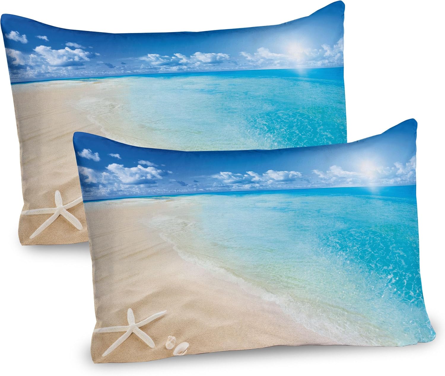 Ambesonne Beach Pillow Sham Set of 2, Sunny Summer Seashore Clear Sky Seashells Starfish Clouds Aquatic Picture, Quality Microfiber Bedding Item for All Seasons, 30" x 20", Aqua Cream Blue