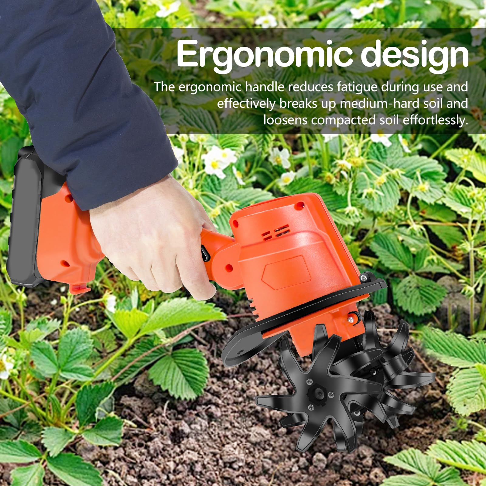 Akku Bodenhacke, 21V Gartenfräse Elektrisch mit 2 Akkus 3000mAh Gartenhacke Garten Geräte mit 4 Metallmesser 10cm Arbeitsbreite 10cm Arbeitstiefe 235 U/min Drehzahl