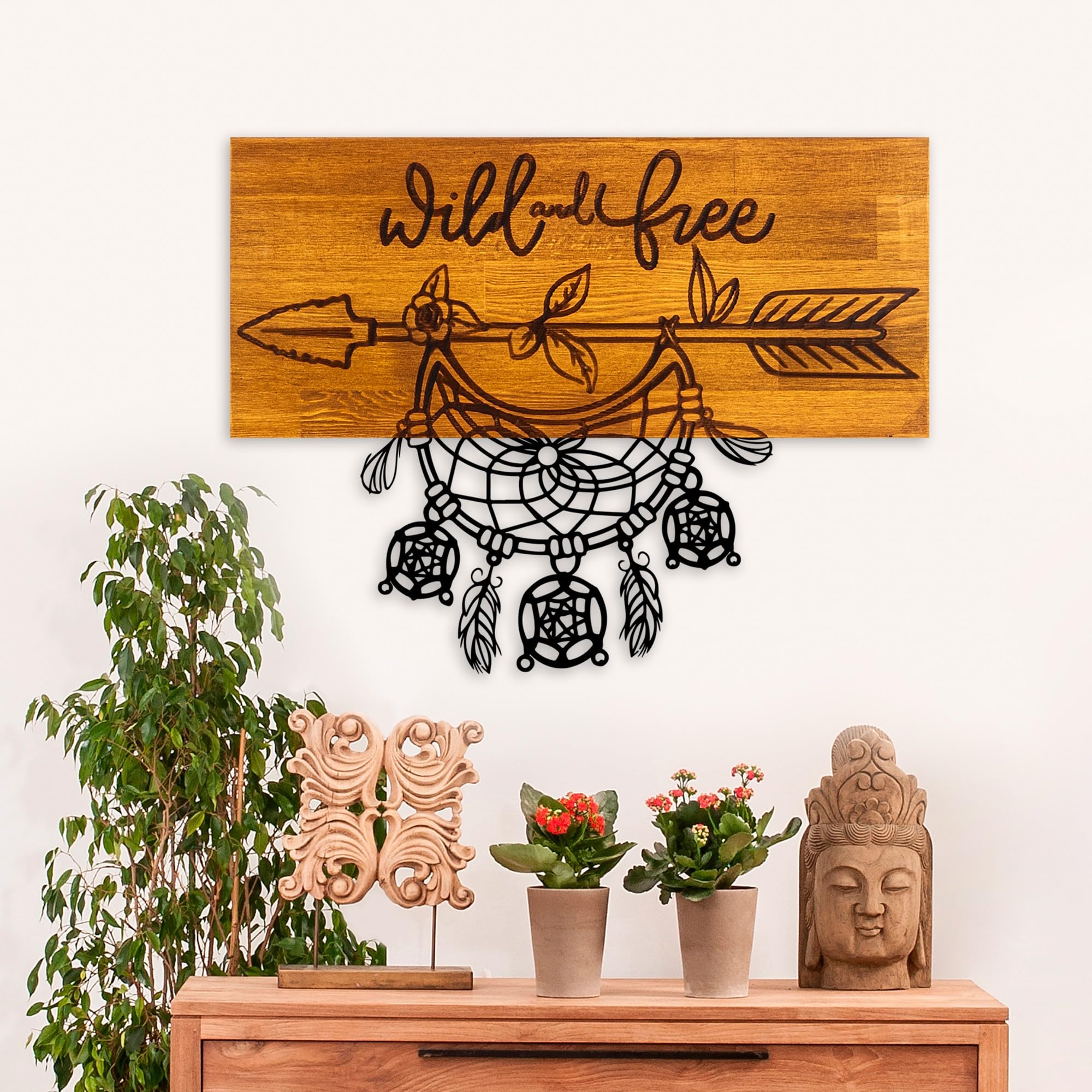 Elegant Decorative Wooden Wall Accessory, Walnut & Black, 58 x 45 x 3 cm, 100% Wood (3 cm) & Metal (1.5 mm), Unique Design for Stylish Home Decor