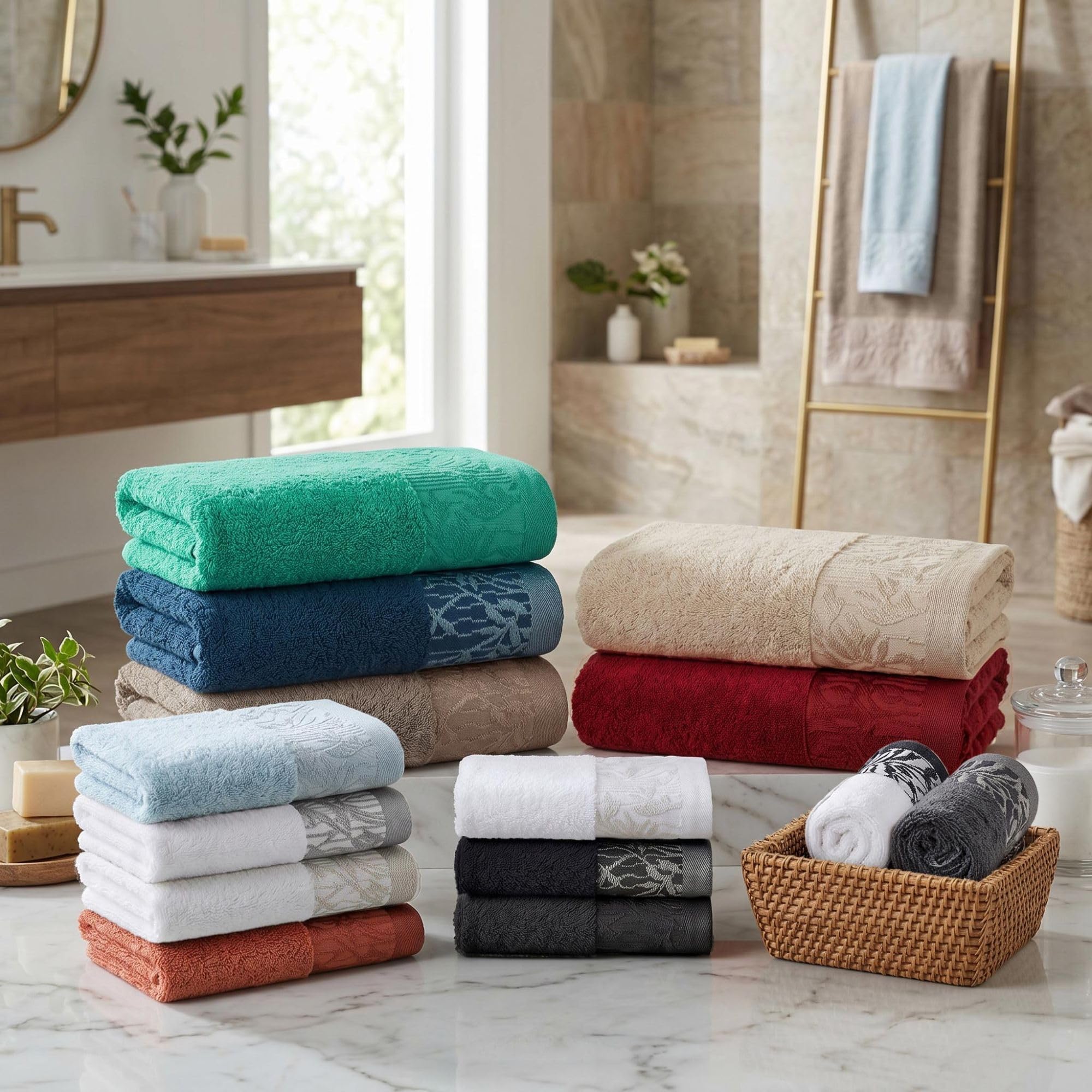 Superior Set di 12 asciugamani in cotone, motivo floreale, bordo in jacquard, asciugatura rapida, decorazione per bagno, spa, doccia, bagno, include 3 corpi, 3 mani, 6 asciugamani per il viso,