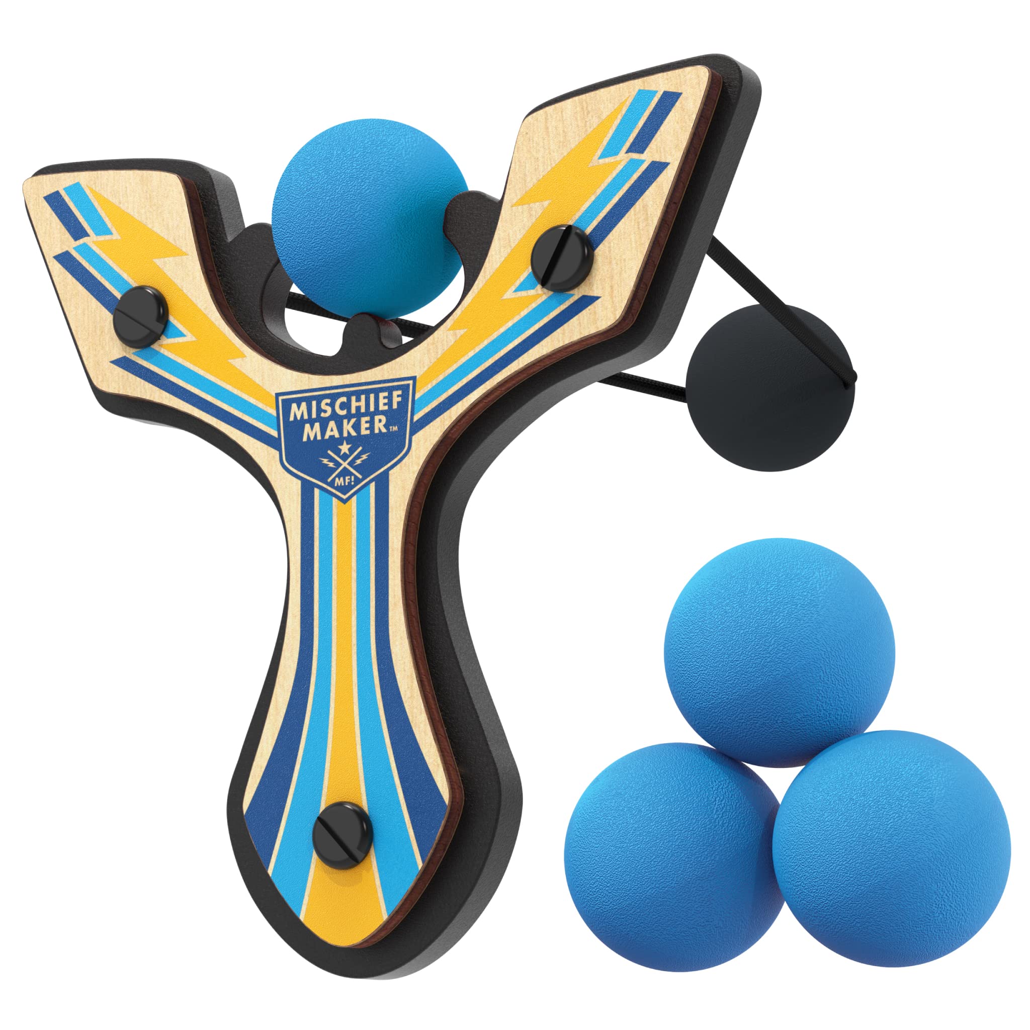 Mischief Maker® Wooden Slingshot - Racing Series - Real Wood Slingshot for Kids, 4 Soft Foam Balls and Storage Bag - Ages 4+ (Blue)